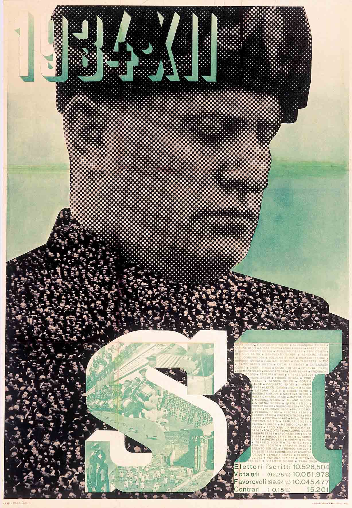 A poster of a black and white photograph of a man's facial profile with large block letters spelling SÌ at the bottom.