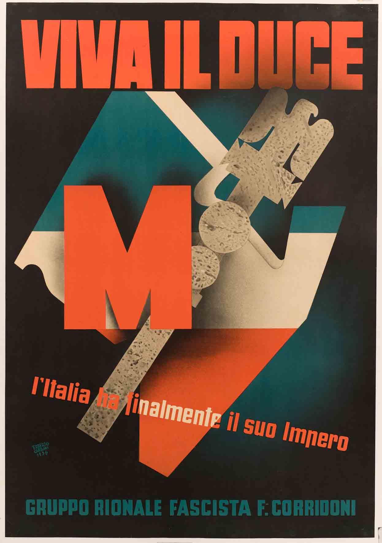 A poster of a red capital M over a shape in colors of the Italian flag on a black background with bold text.