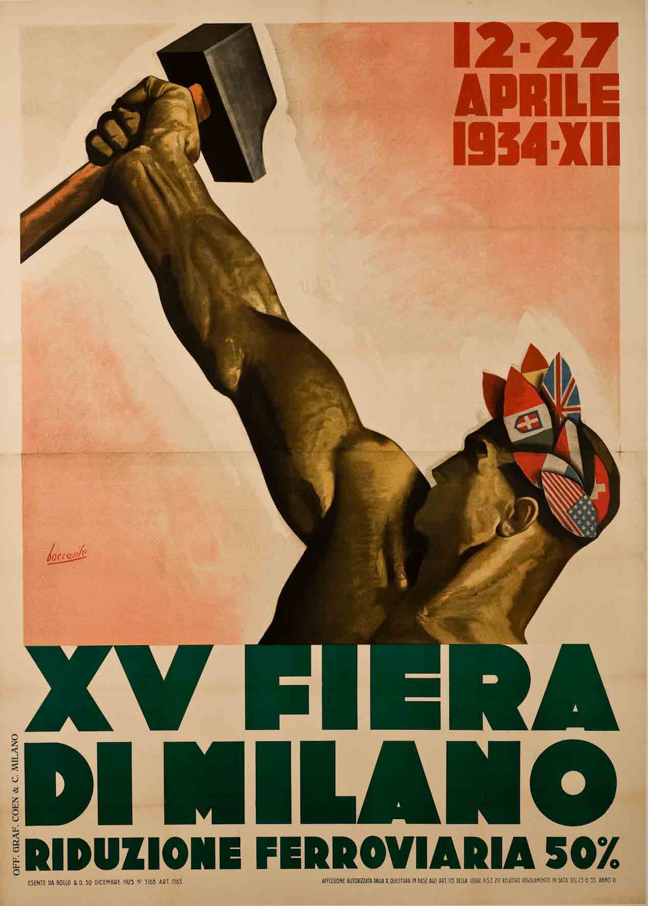 A poster of an athletic man with a hat made of flags and his arm held out holding a weapon.