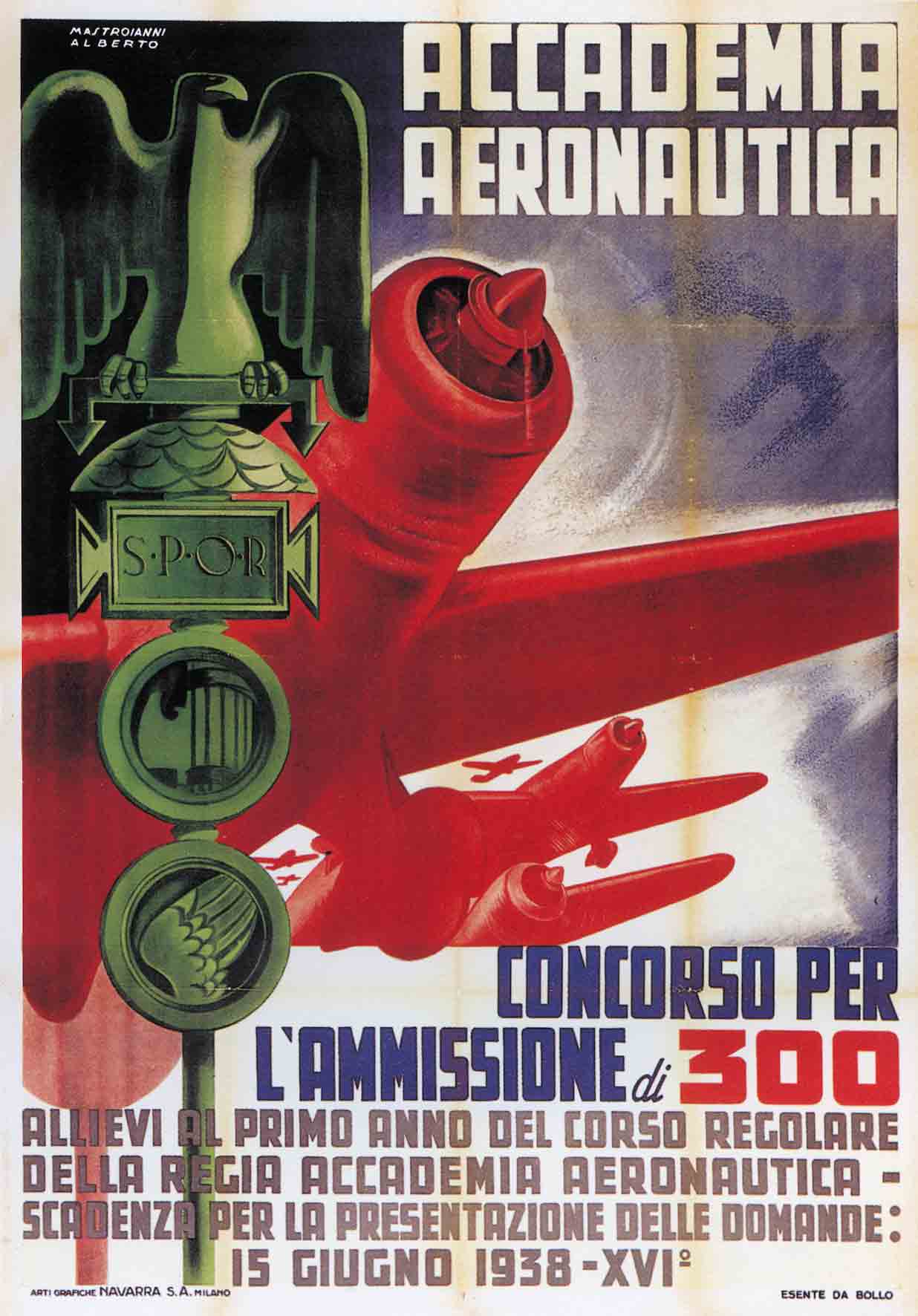 A poster with several red airplanes in flight behind a green statue with an eagle on top.