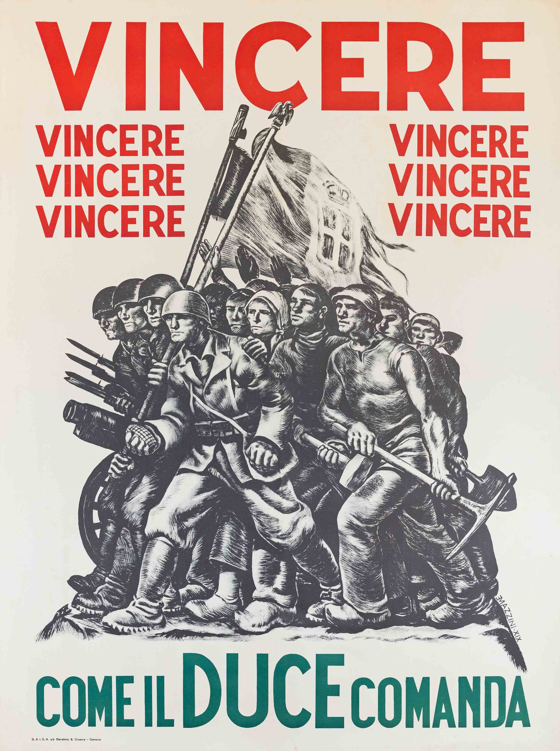 A poster of a black and white group of soldiers carrying flags and weapons marching forward.