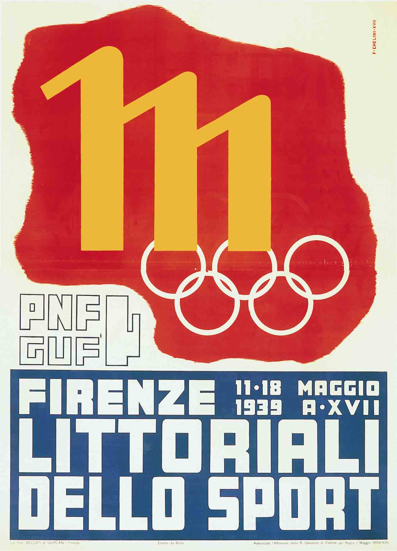 A poster of a yellow M over an asymmetrical red shape with white Olympic rings.