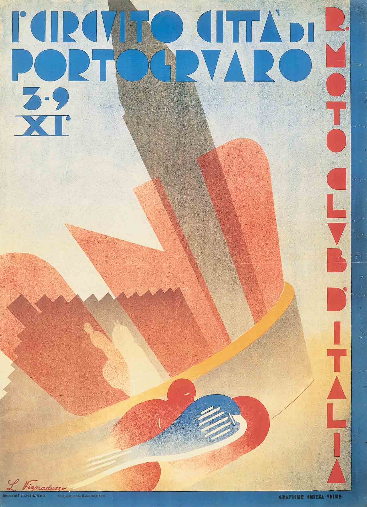 A poster of futuristic buildings on a diagonal with objects flying around them and very abstracted text.