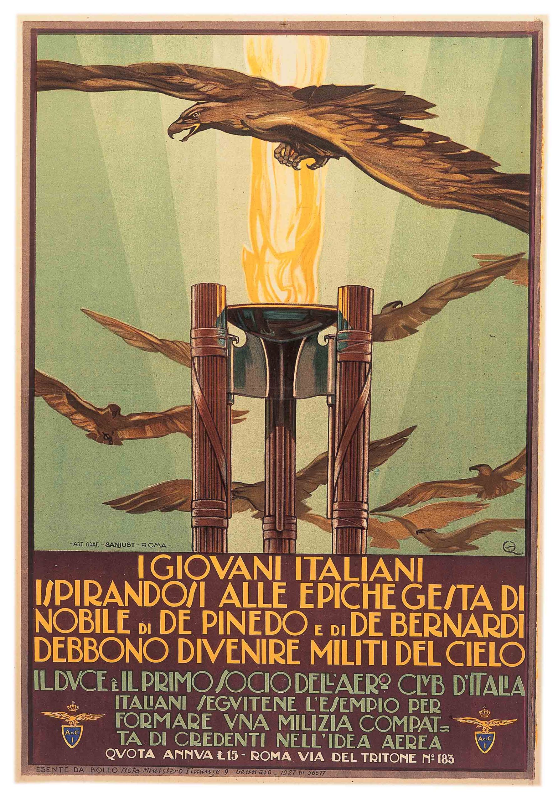 A poster of several eagles flying around a large flaming torch.