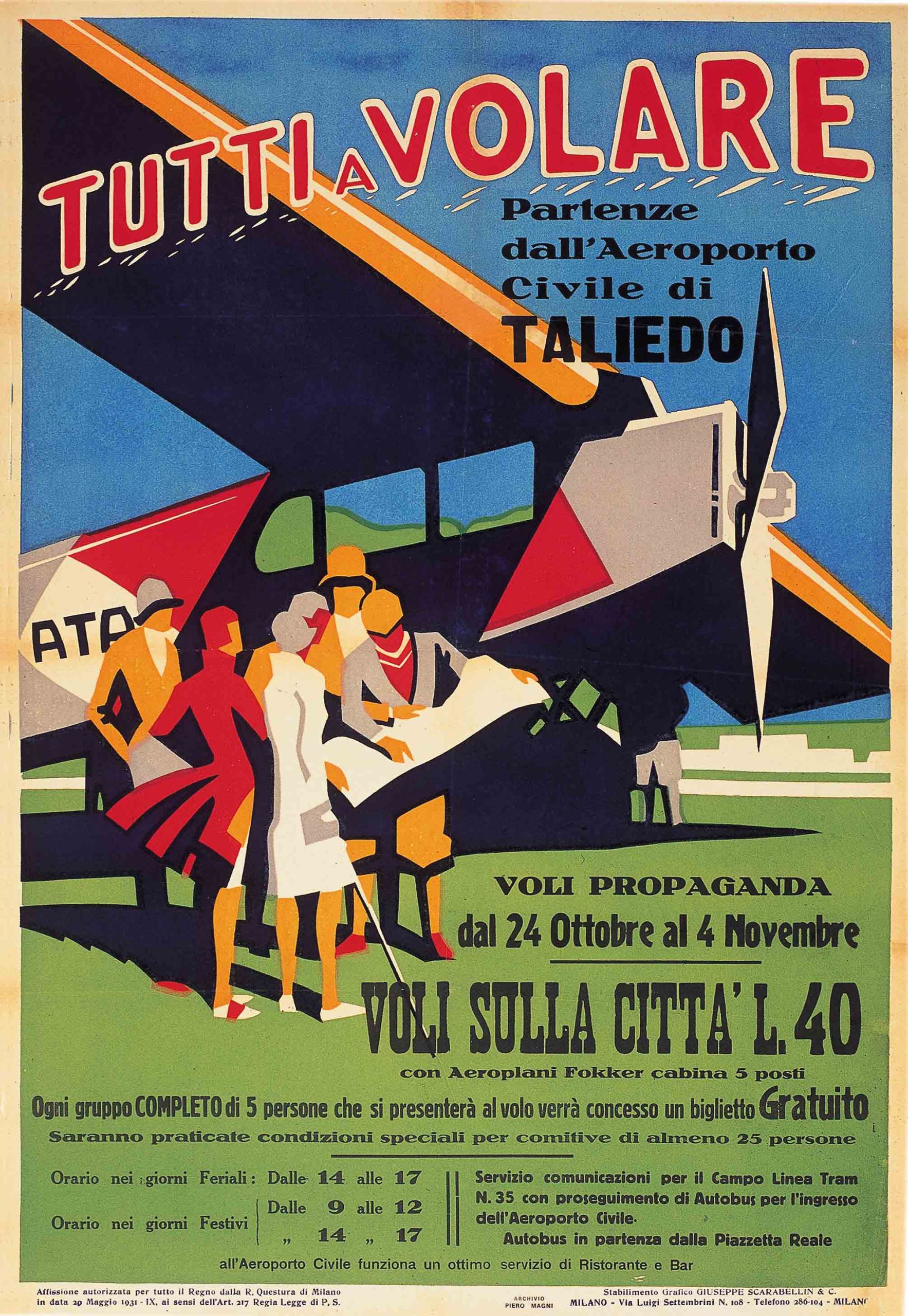A poster of a geometric colorful airplane on the ground with a group of male and female passengers standing outside looking at a map.