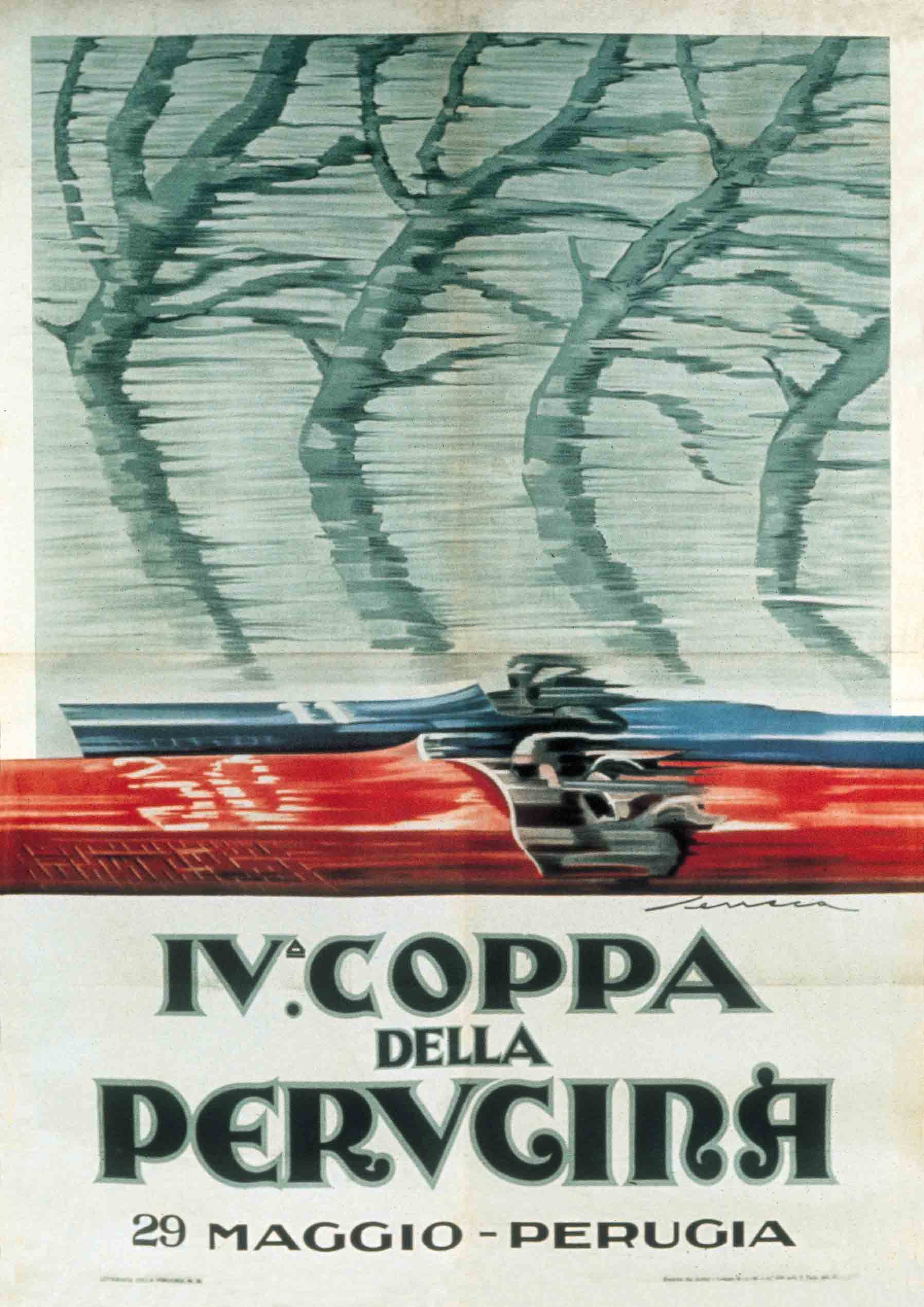 A poster of two thin race cars with drivers whizzing by bare trees.