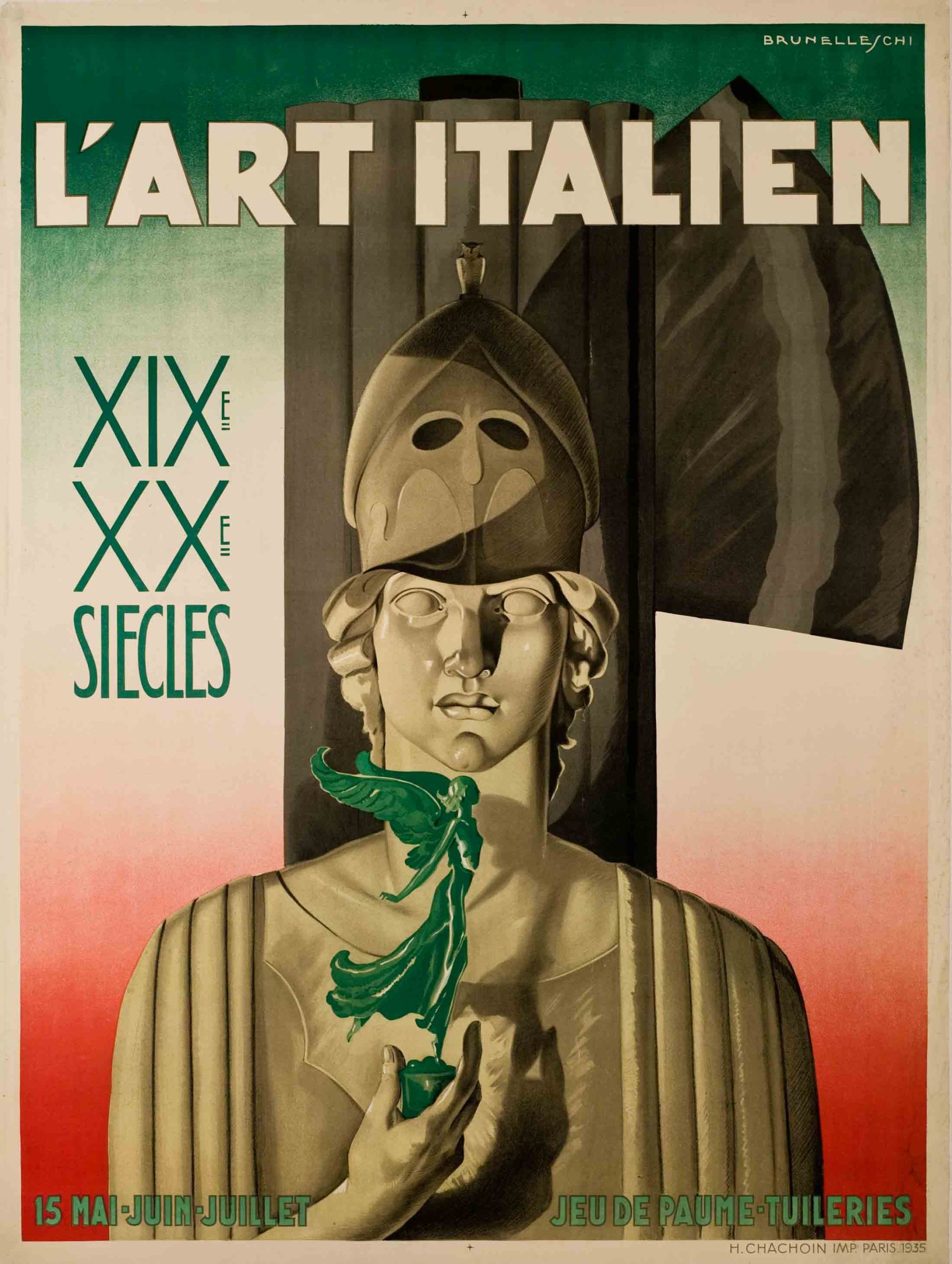 A poster of an ancient statue of a man with a helmet and holding a slender green figure of a woman in his hand.