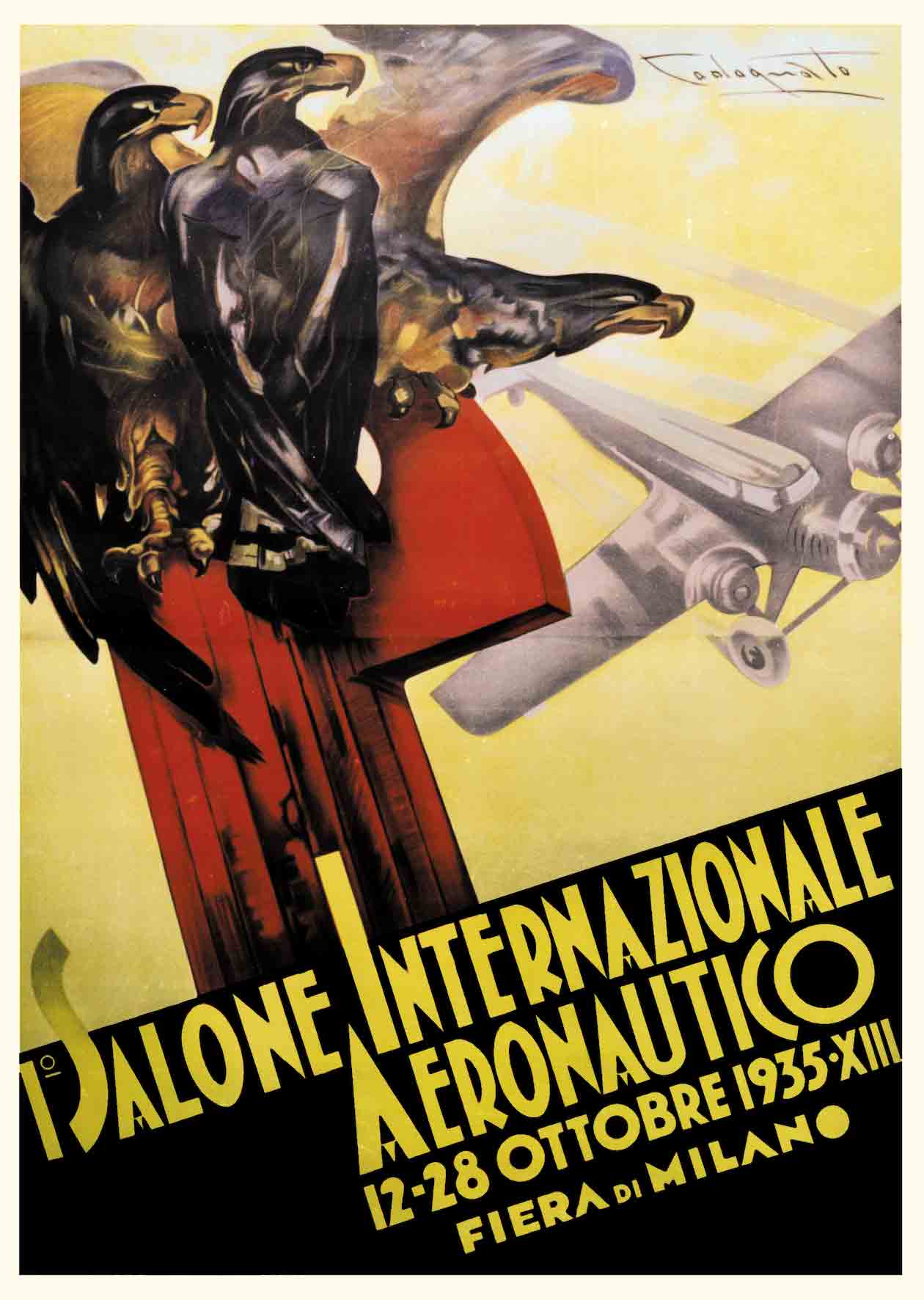 A poster of several stationary black eagles with an airplane flying by in the background.