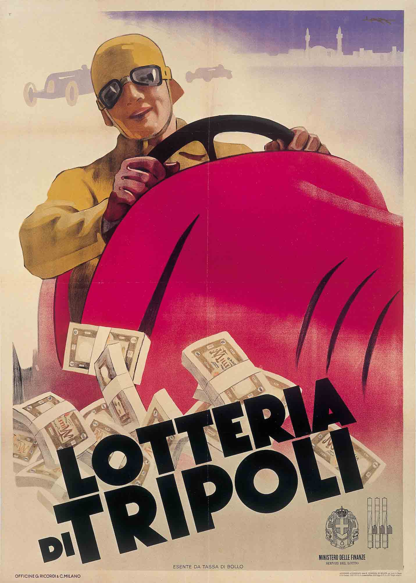 A poster of a driver with goggles on holding the steering wheel of a pink race car with stacks of money bundled at the bottom.