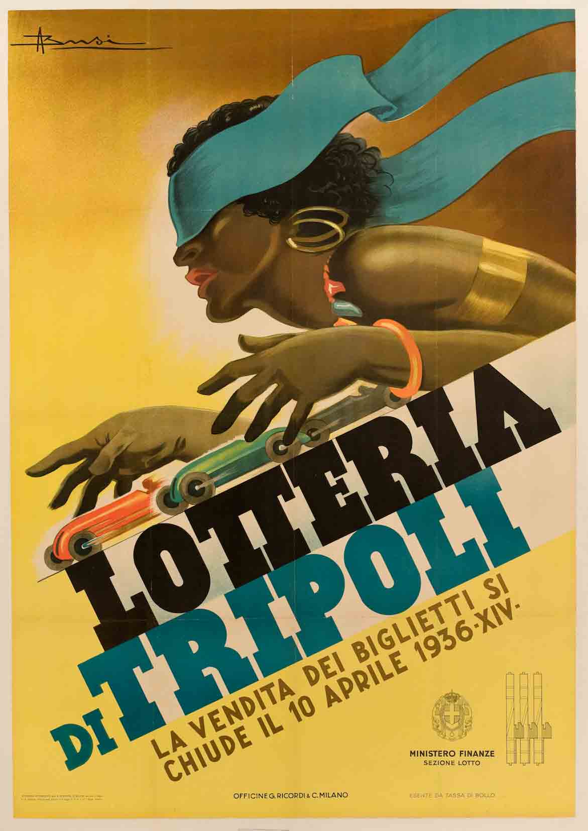 A poster of a Black female blindfolded by a piece of fabric with three race cars moving out from her outstretched hands.