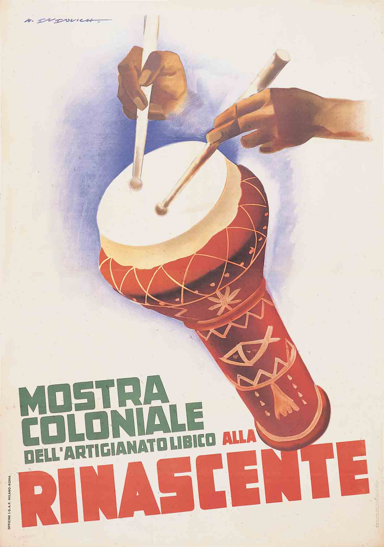 A poster of two floating hands playing a decorative red and white drum.