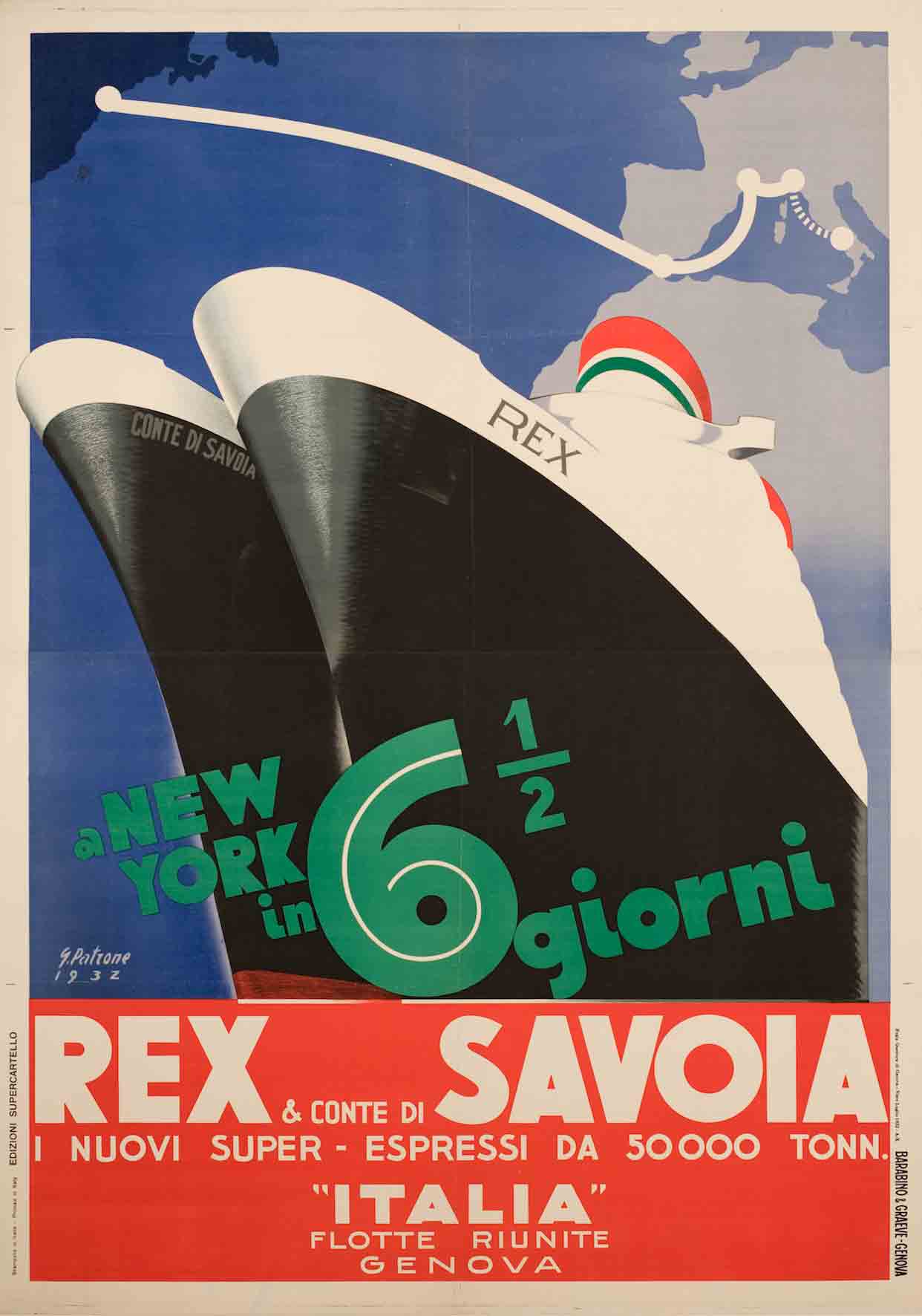 A poster of the bows of two towering ships with a map in the background.