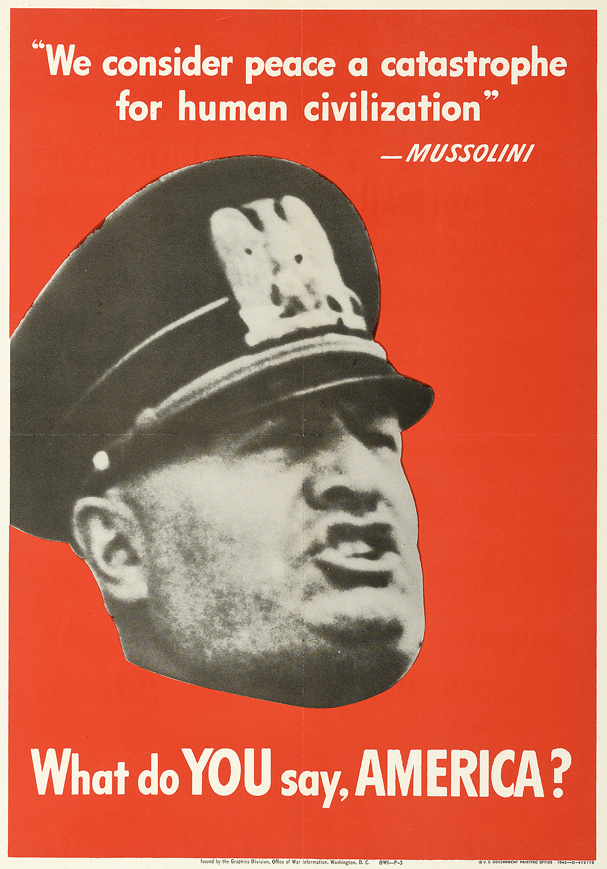 A poster of a scowling man in a military hat on a red background.