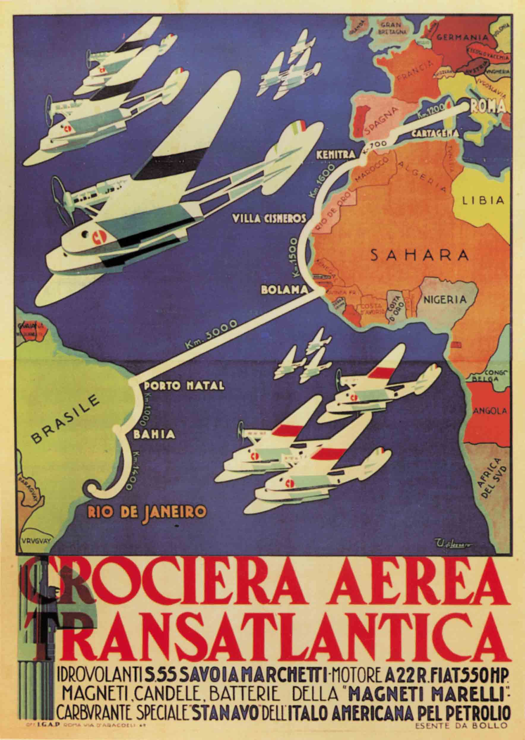 A poster of several planes flying across the Atlantic Ocean and a colorful map.