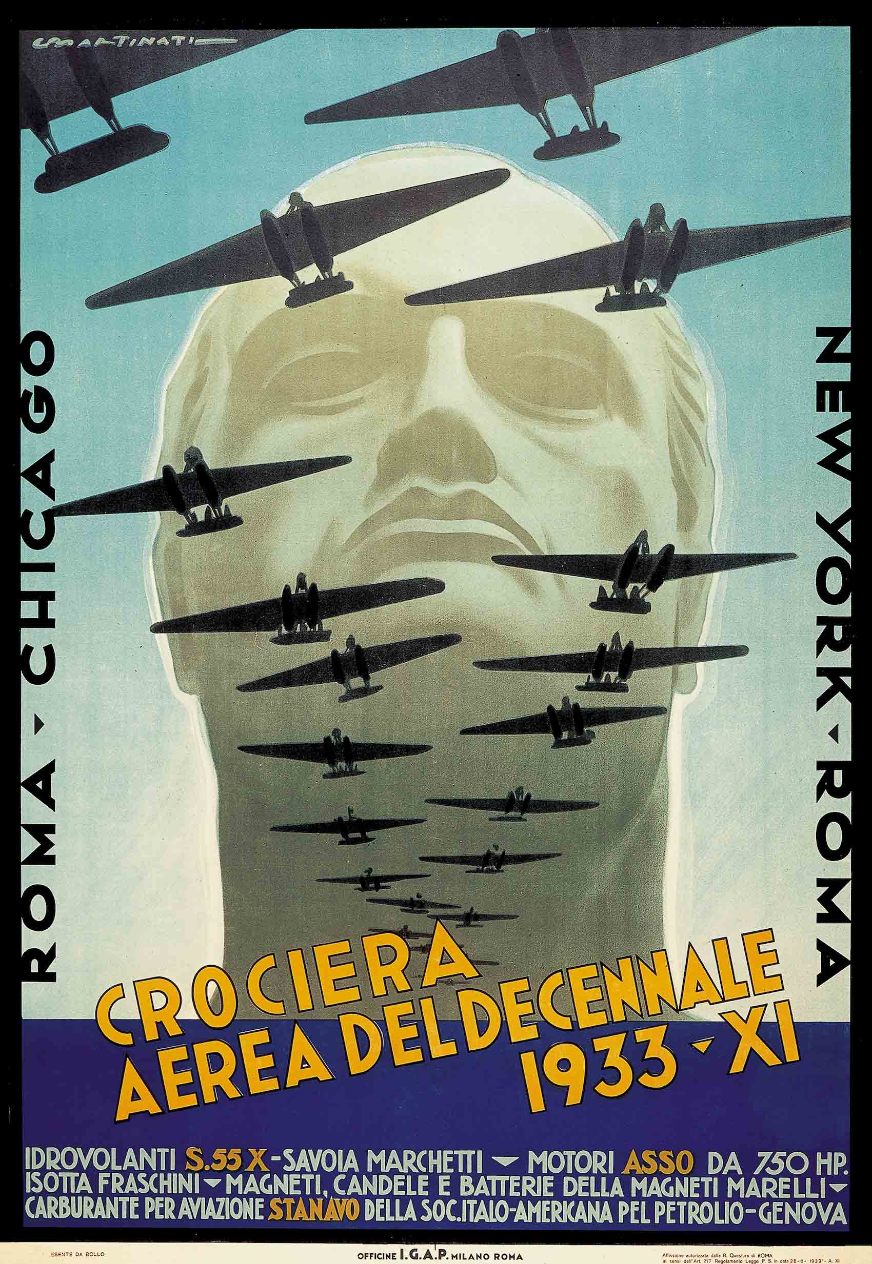 A poster of a towering man's head behind many grey airplanes flying upwards.