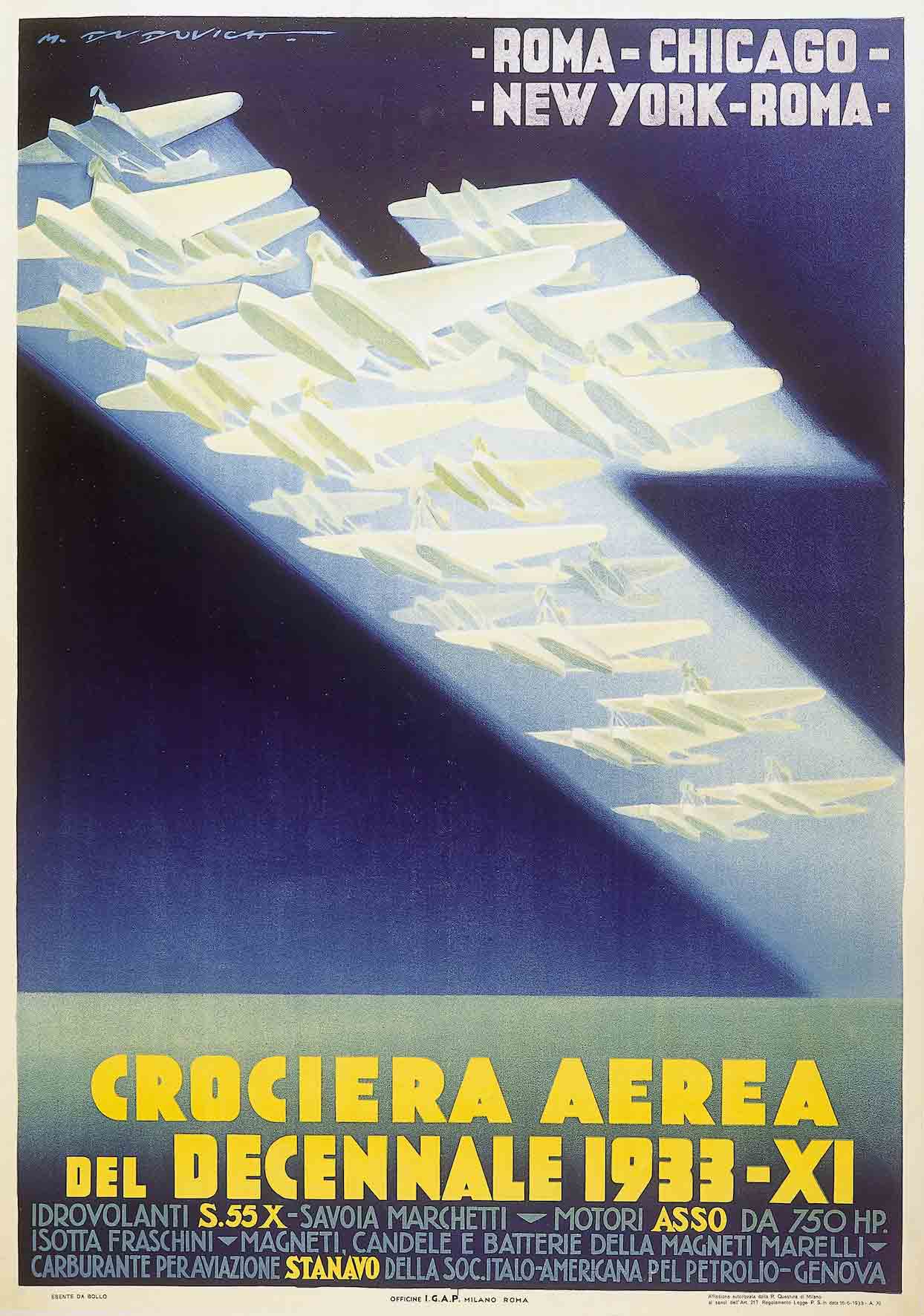 A poster of many white airplanes flying in tight formation on a dark blue background.