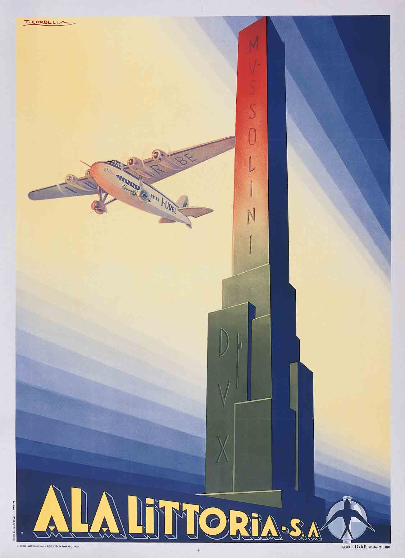 A poster of a slender green and red monument with an aircraft flying behind it on a blue and yellow background.