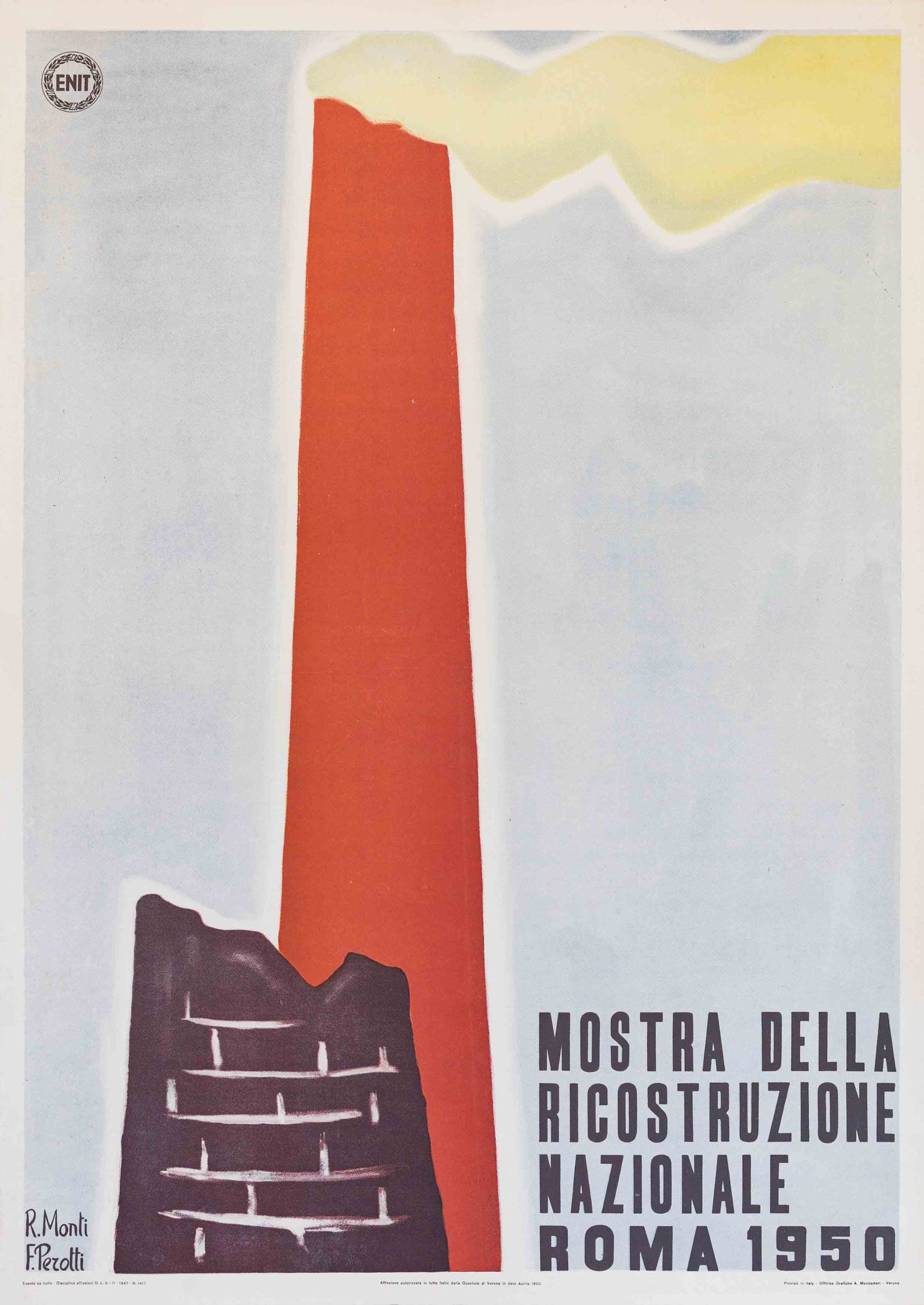 A poster of a tall red smokestack with a plume coming out of the top and bricks in front.