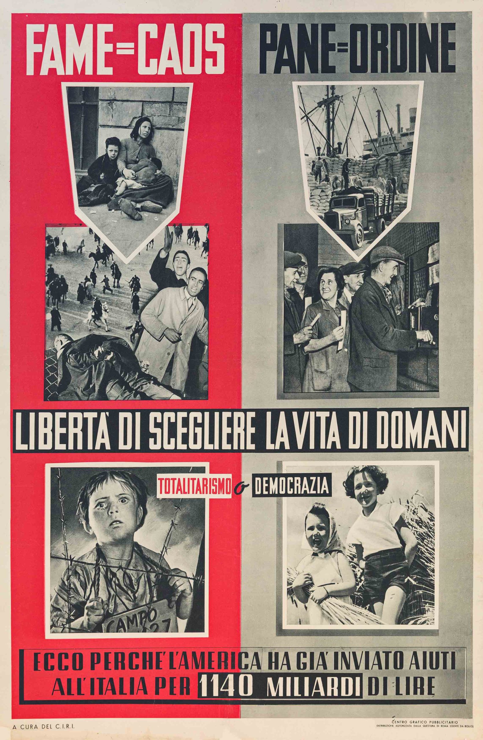 A poster divided vertically in half with black and white photographs of adults and children.