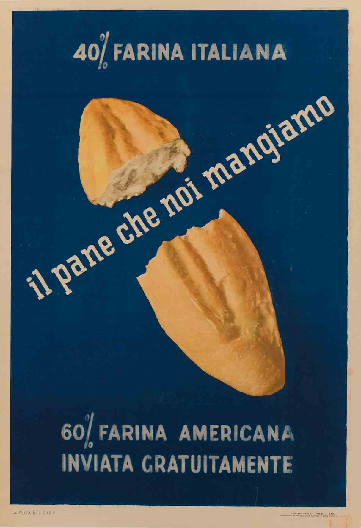 A poster of a loaf of bread divided in half by white text on a blue background.