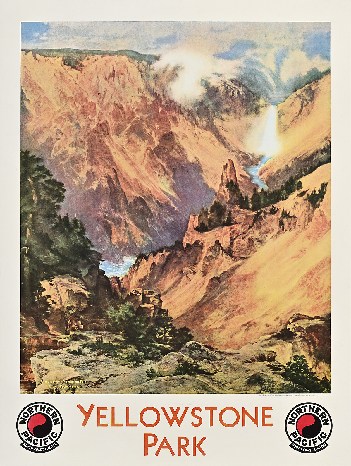 A poster of a canyon surrounded by orange cliffs.