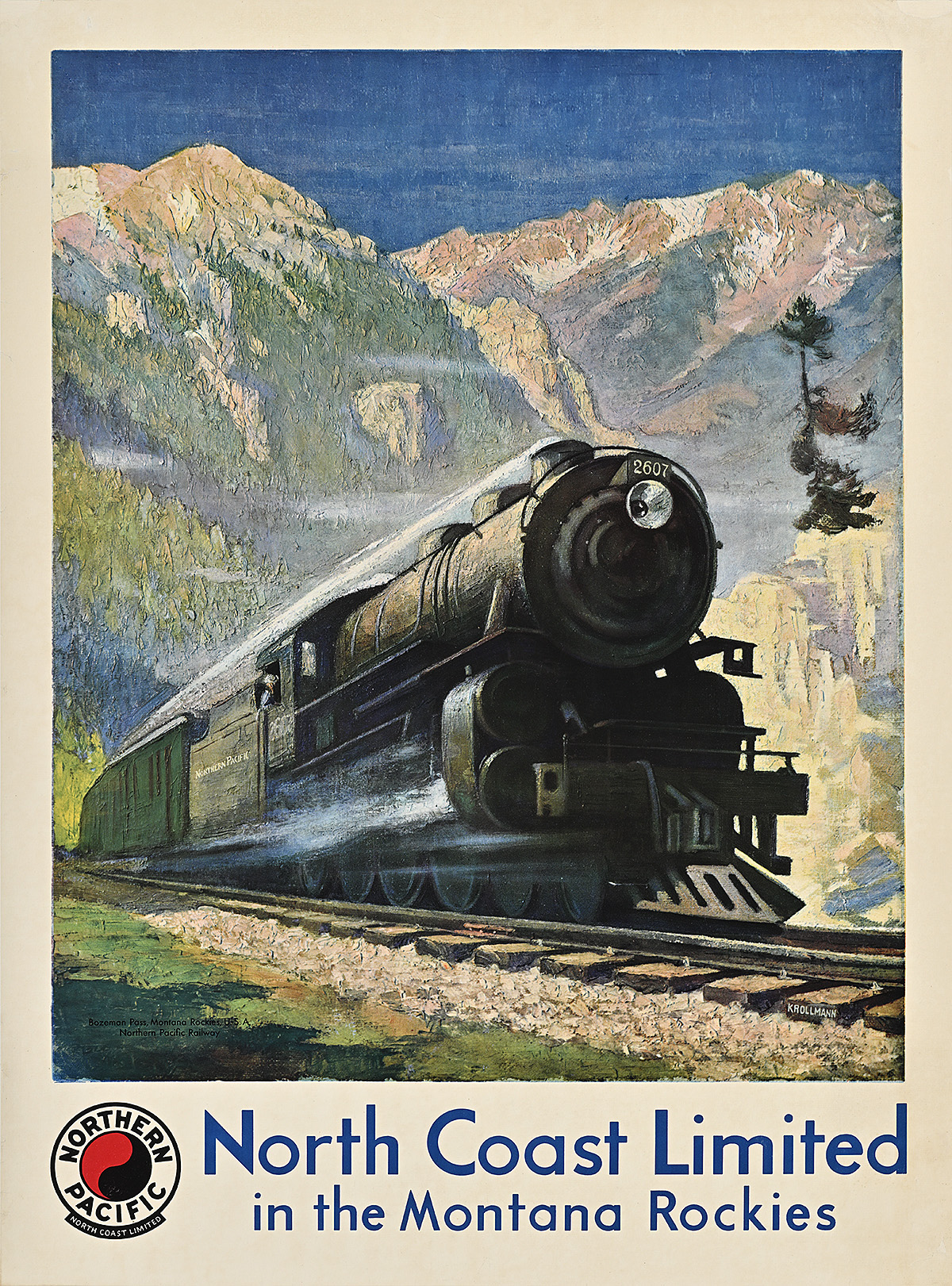 A poster of a train traveling through towering mountains.
