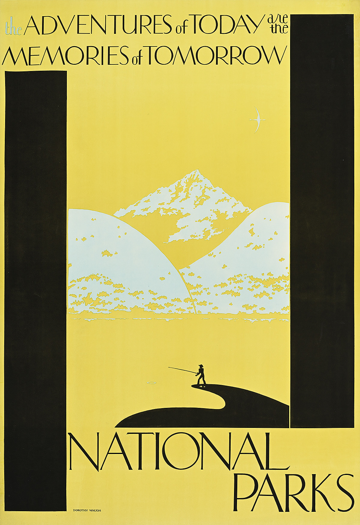 A poster of a tiny man fishing in front of towering white mountains on a yellow background.
