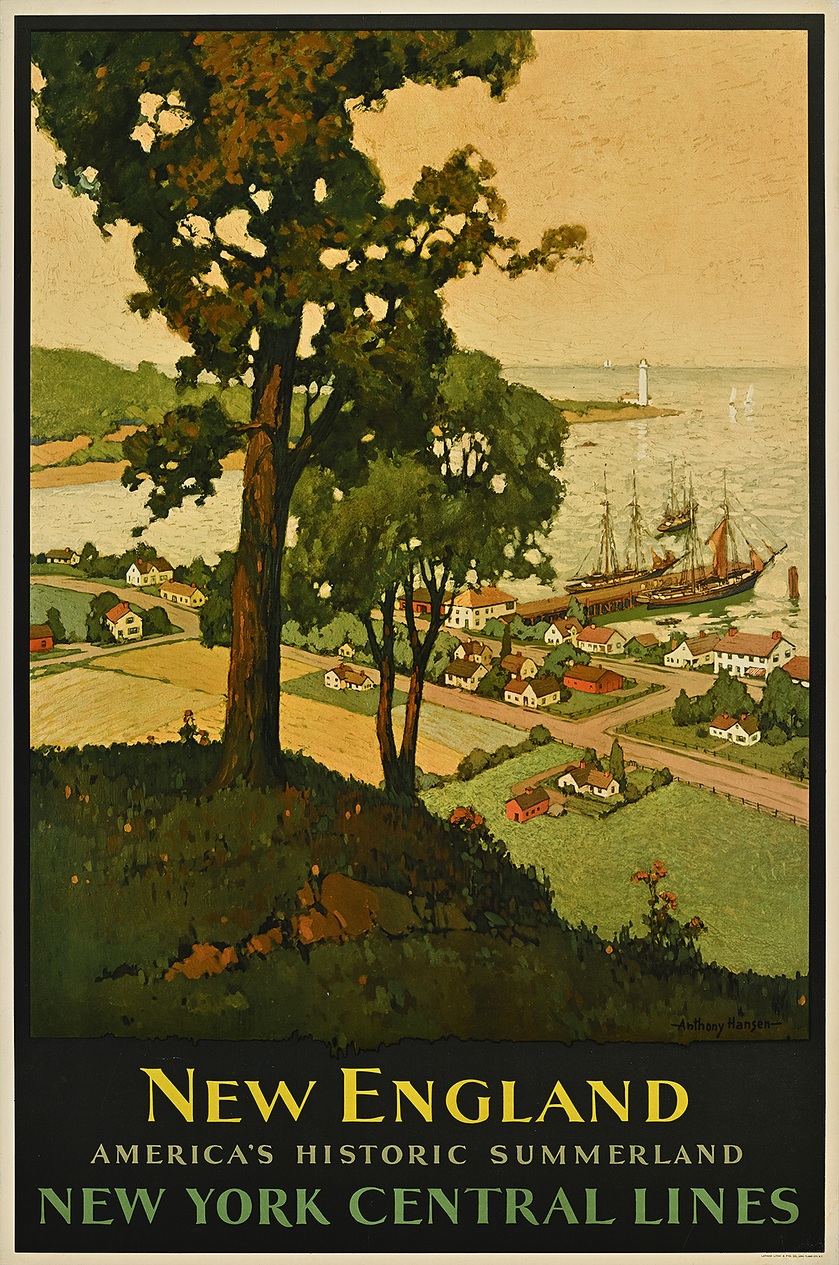 A poster of a tree-covered hill looking out over a busy port full of ships.