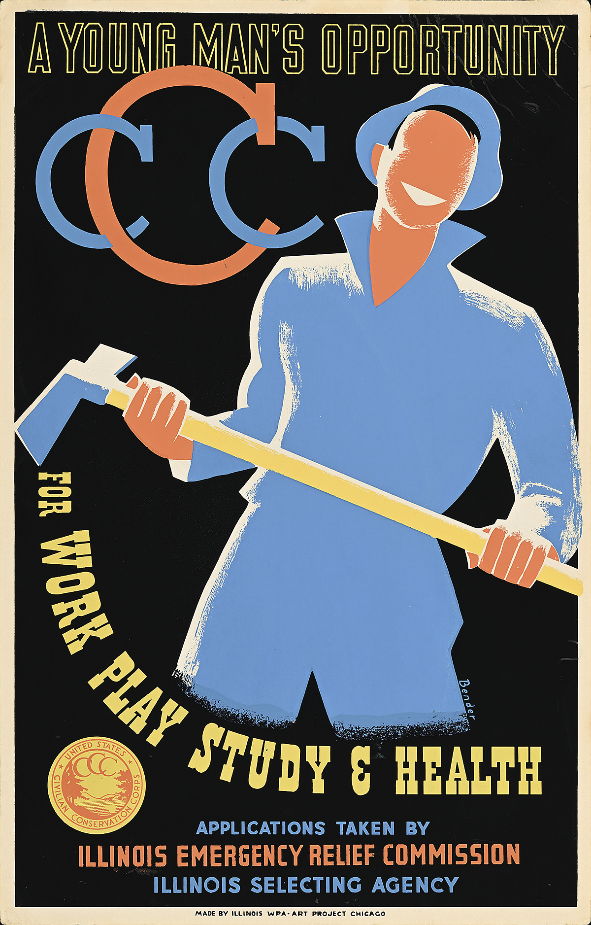 A poster of a smiling man with light skin holding an ax below three interlocking Cs.