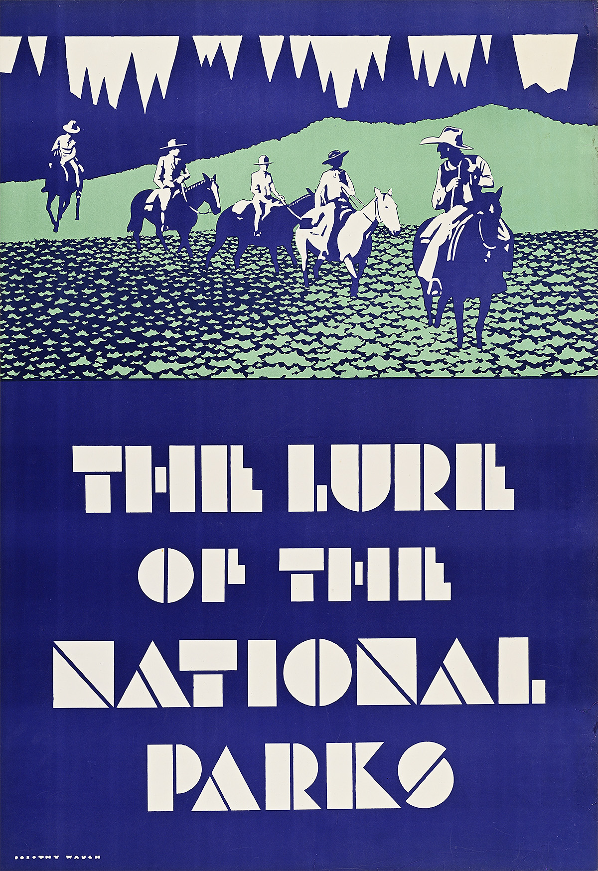 A poster of men in uniforms on horseback riding through a forest above bold geometric text.