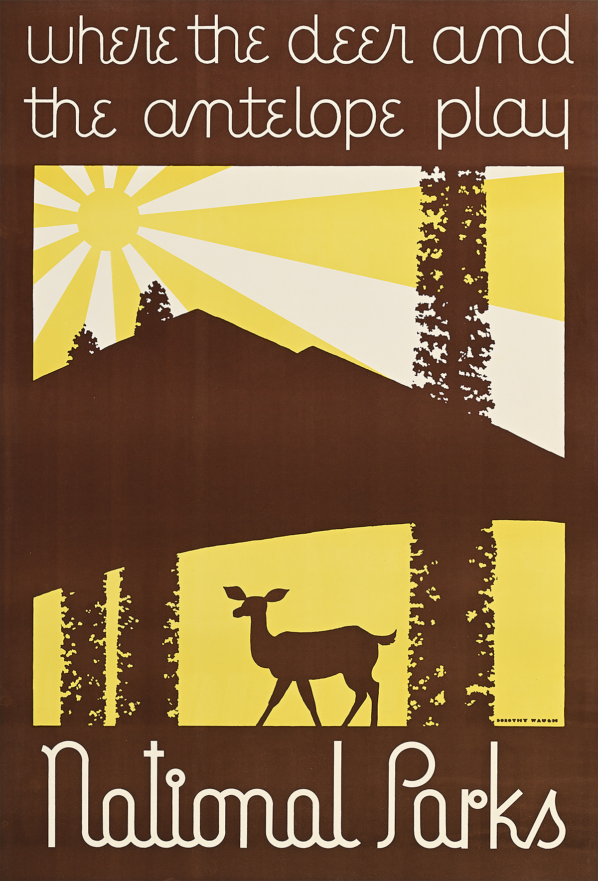 A poster of a silhouette of a deer in front of a lake surrounded by mountains in between curling text.