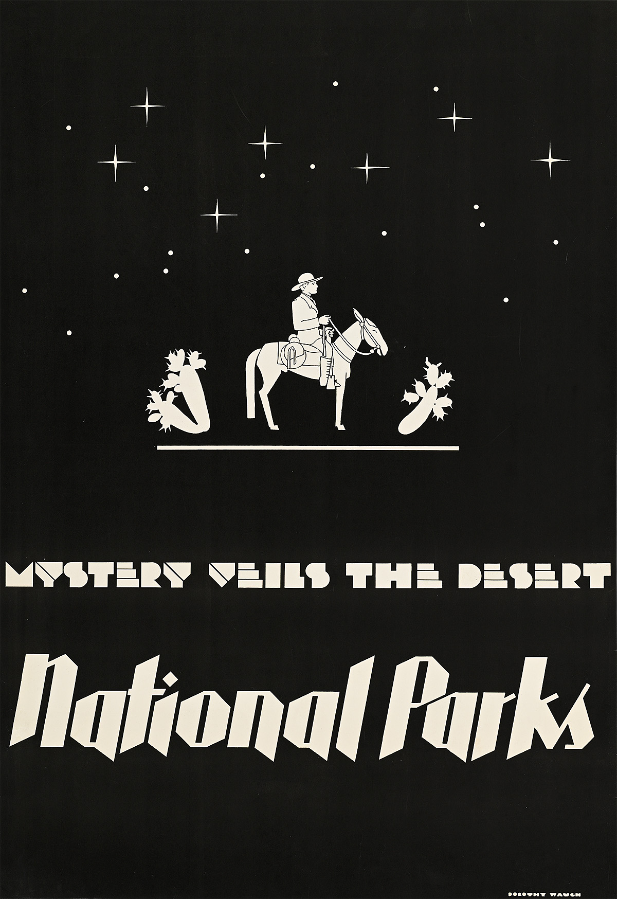 A poster of a horseback rider against a starry sky above bold slanted text.