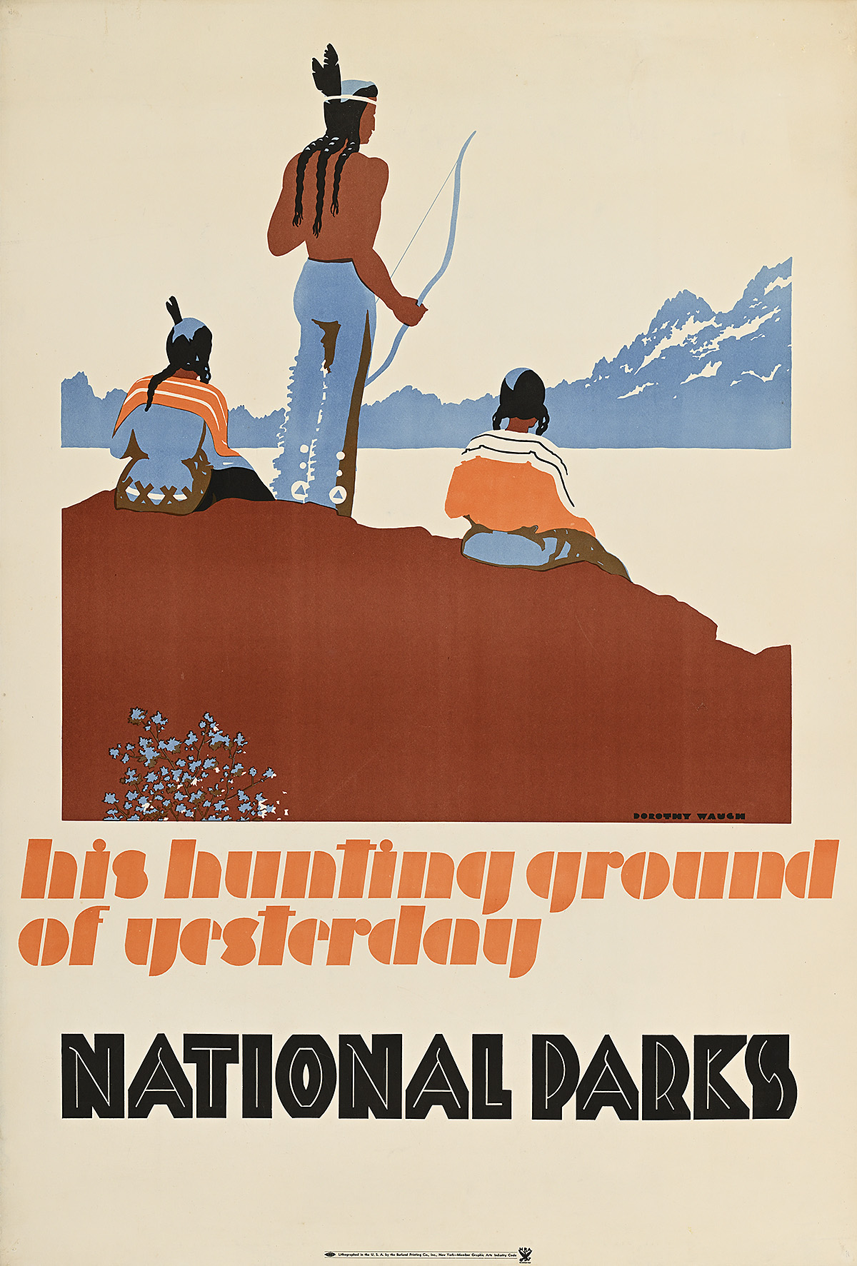 A poster of Native American men sitting on a cliff holding bows and arrows.