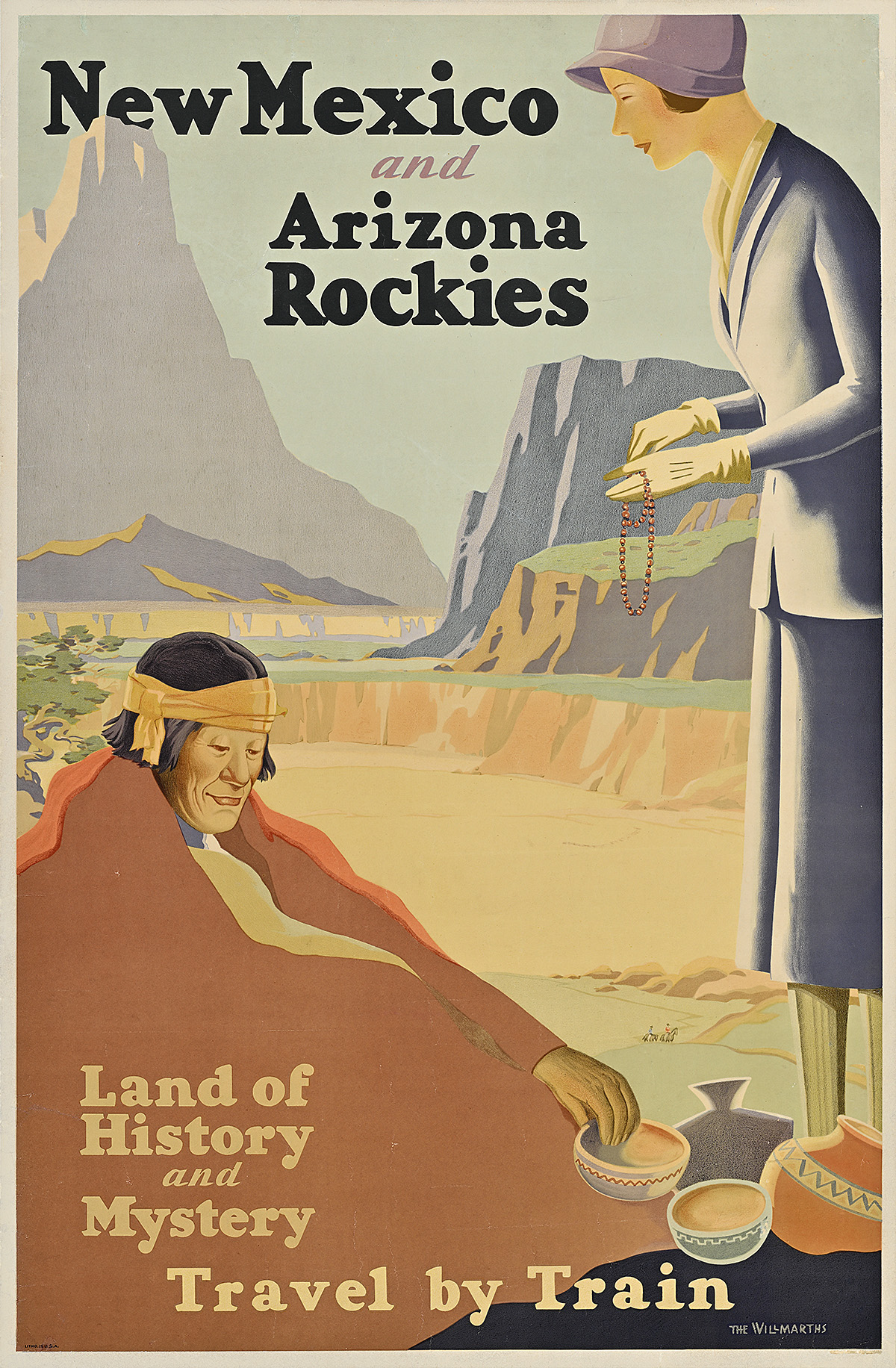 A poster of a white woman purchasing beads from a seated Native American man in front of large mountains.