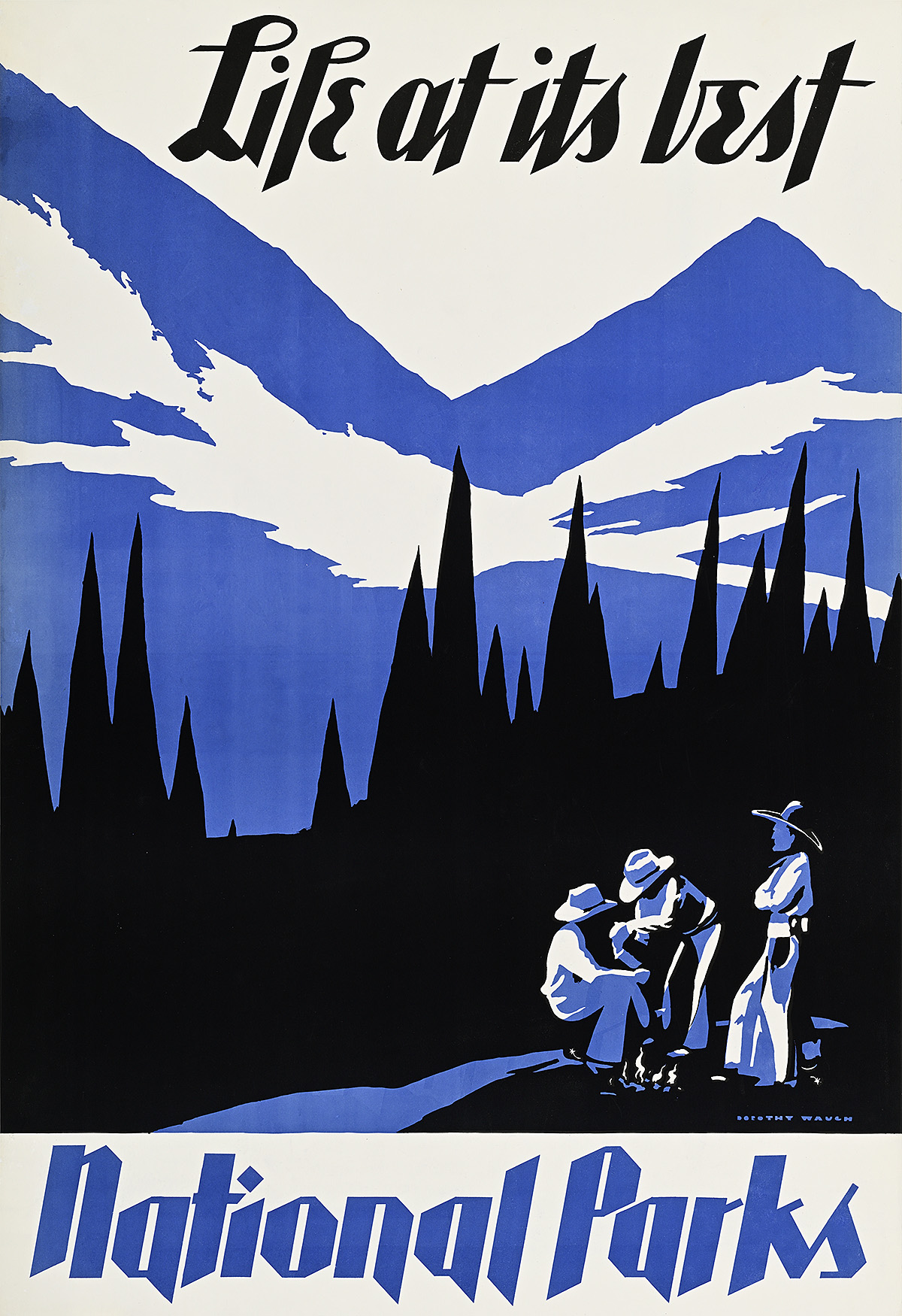 A poster of three men sitting next to a river surrounded by mountains and trees.