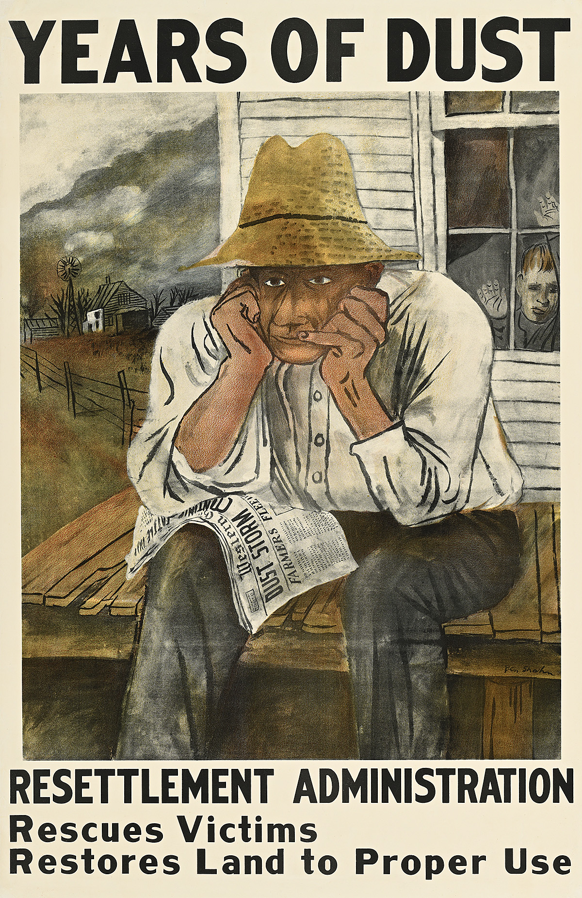 A poster of a worried farmer with his head in his hands sitting in front of a dusty house.