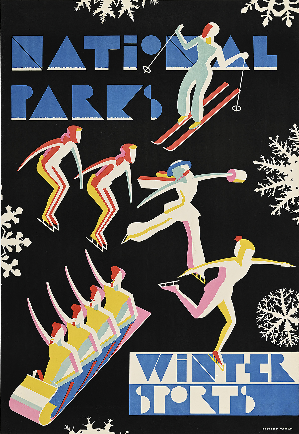 A poster of colorful figures skiing, sledding, and ice skating in between large white snowflakes.