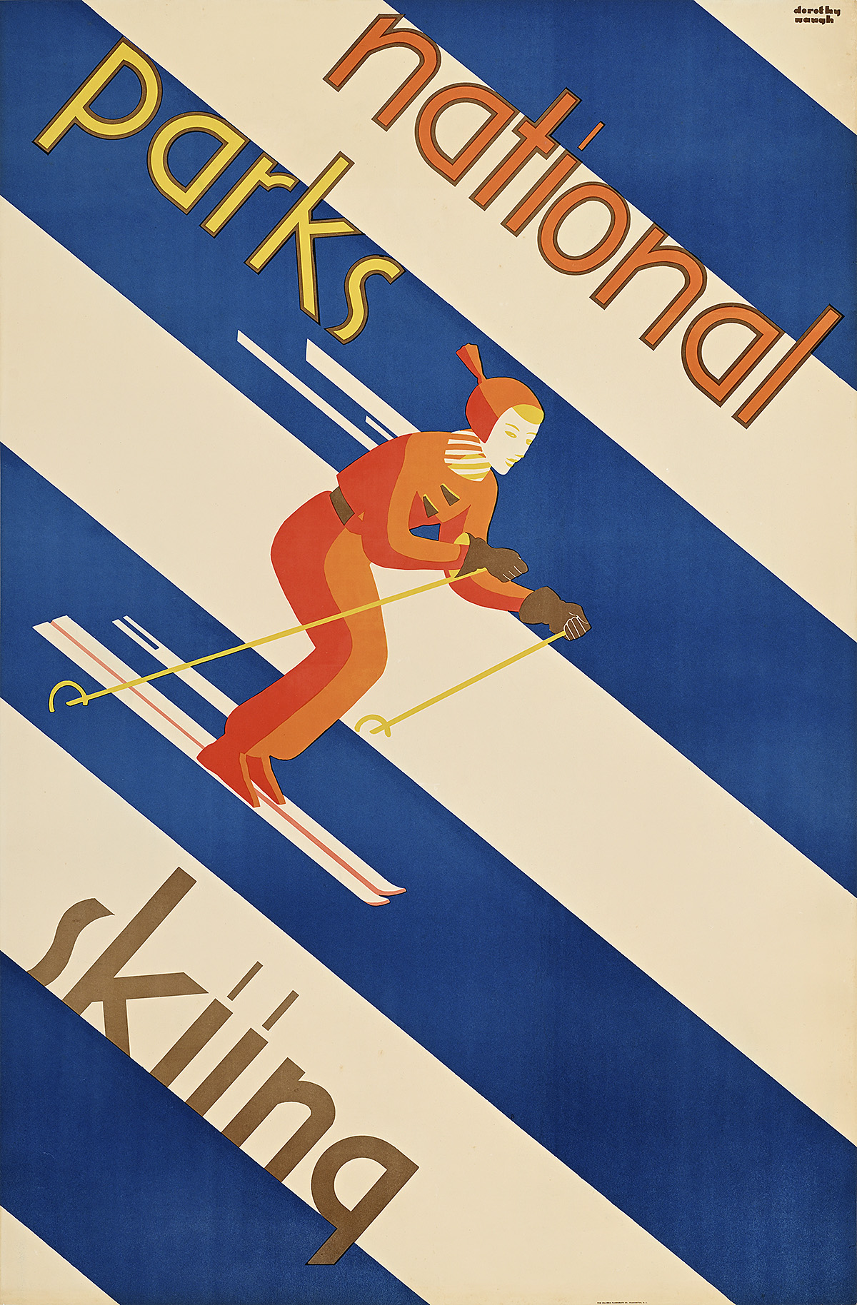 A poster of a skier skiing down a slope made out of blue and white stripes.