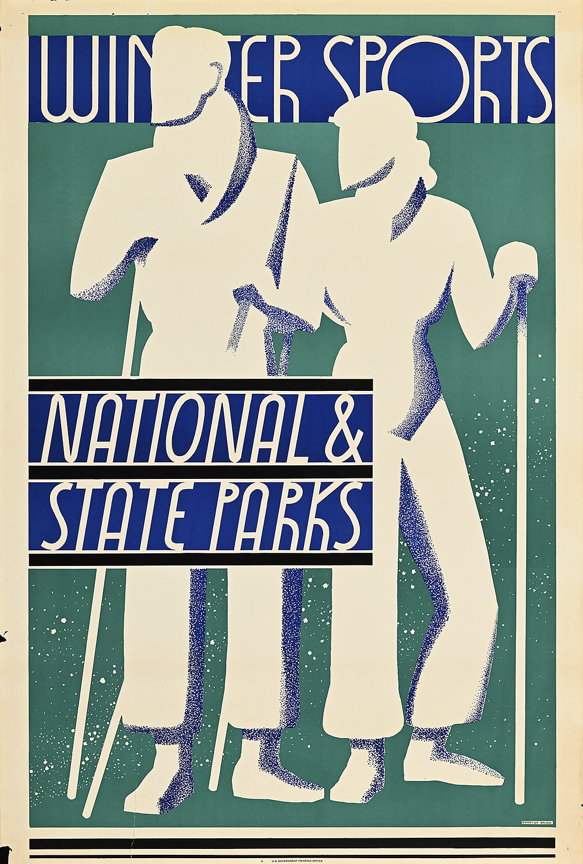 A poster of a man and woman dressed in ski clothes posing in between lines of winding text.