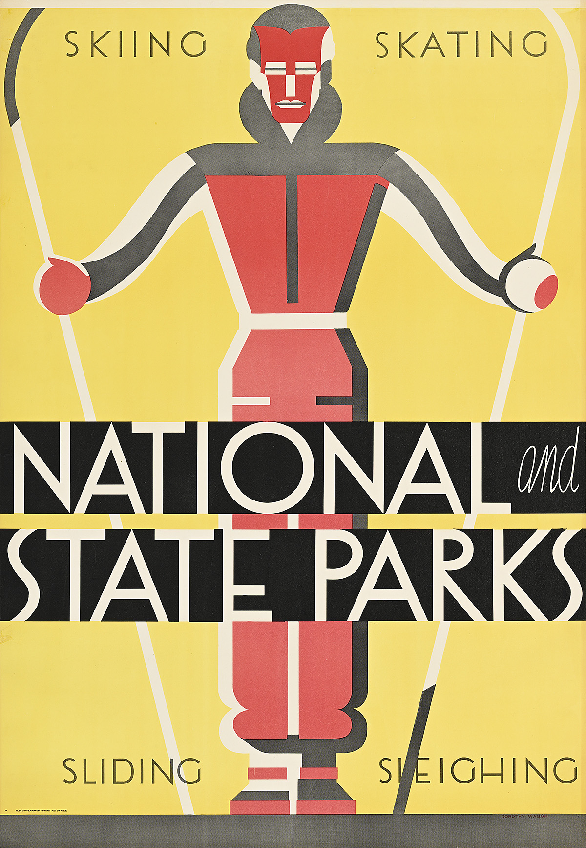 A poster of a red figure holding skis on a yellow background.