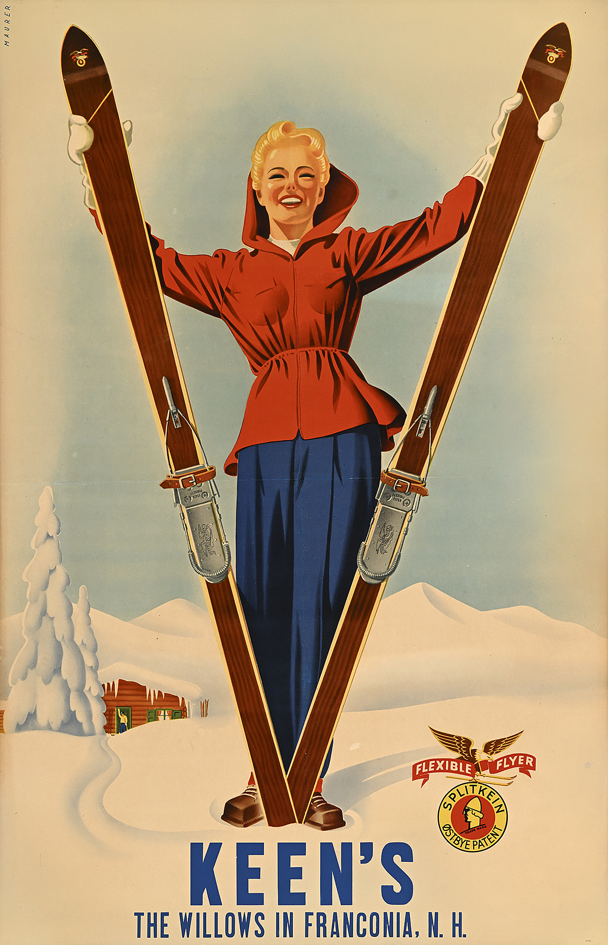 A poster of a smiling white woman holding up two wooden skiis.