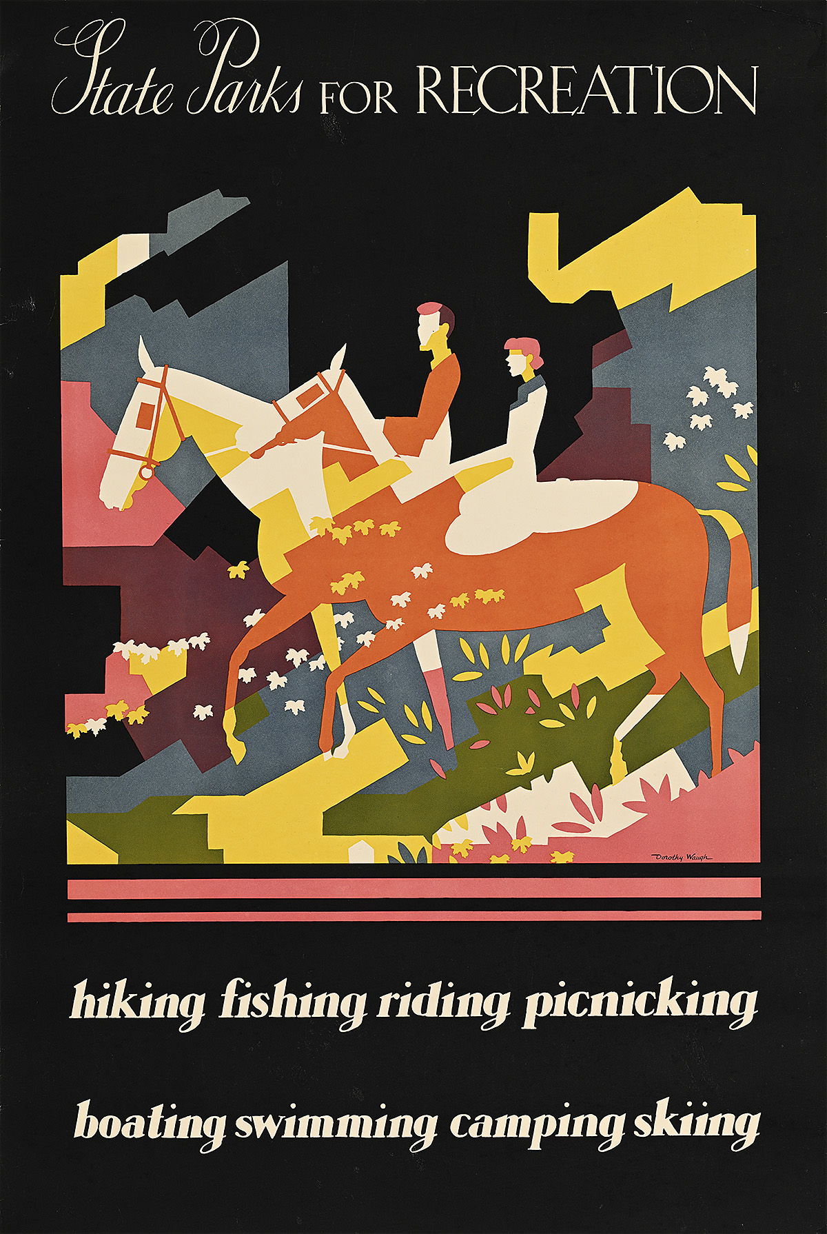 A poster of a man and woman each on horseback riding through a colorful field of flowers.