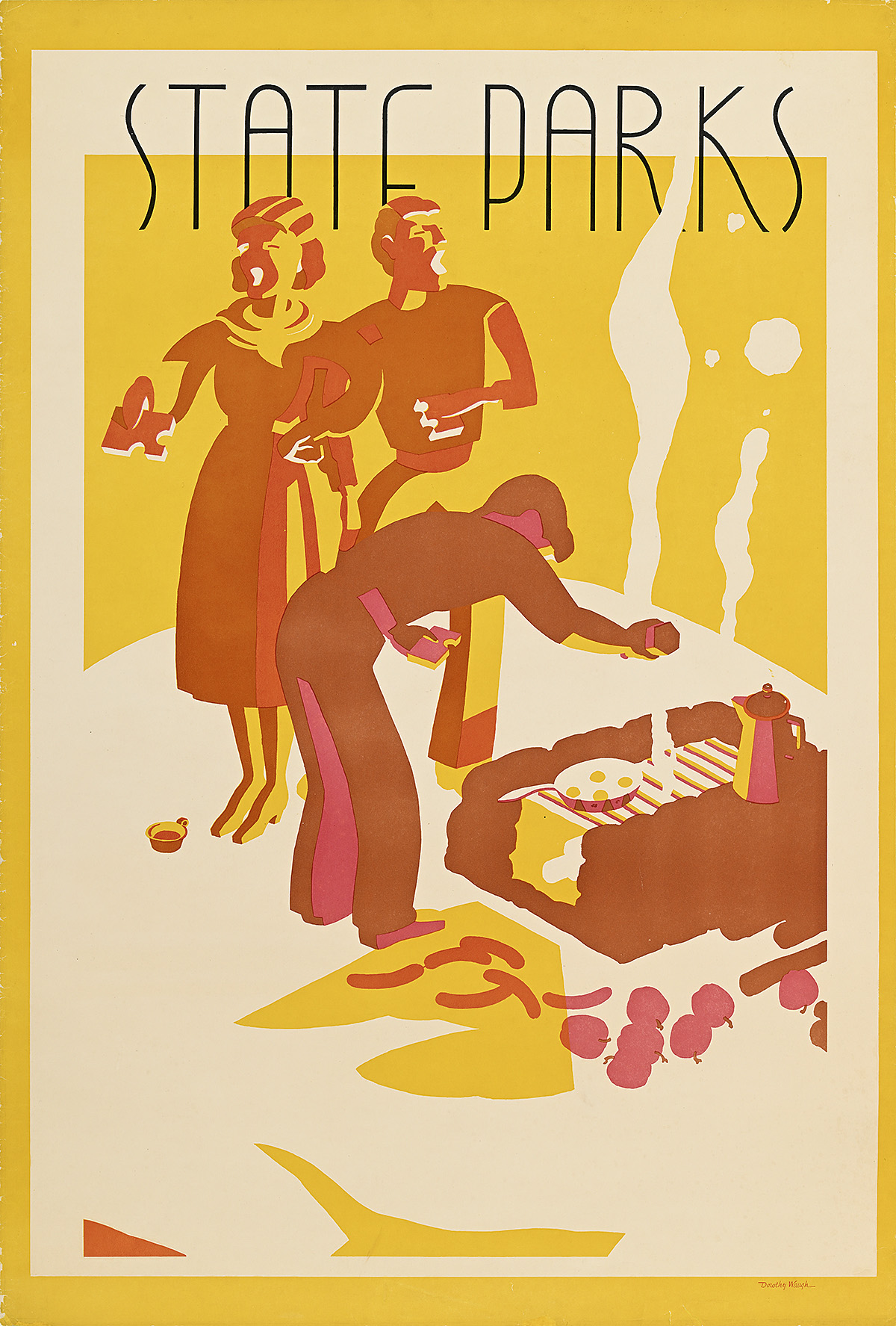 A poster of three figures grilling food outdoors on top of snow.