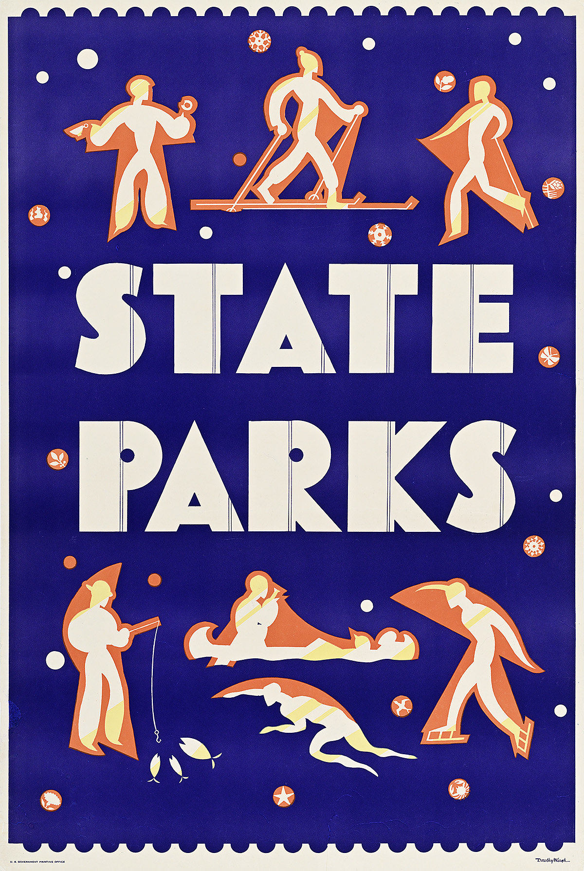 A poster of seven figures performing outdoor recreational activities around text on a blue background.