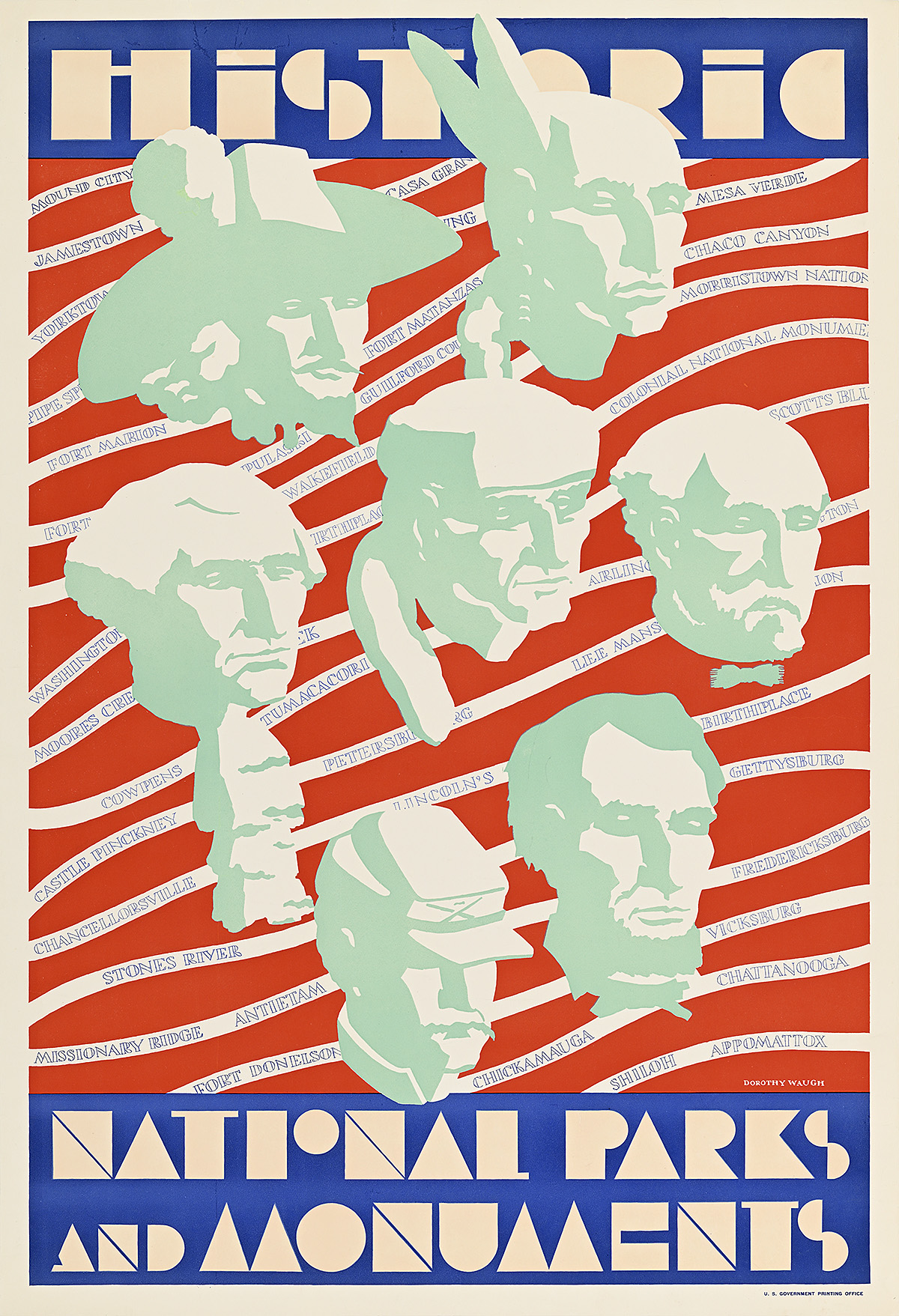A poster of seven floating heads of men on top of horizontal red stripes with abstracted text.