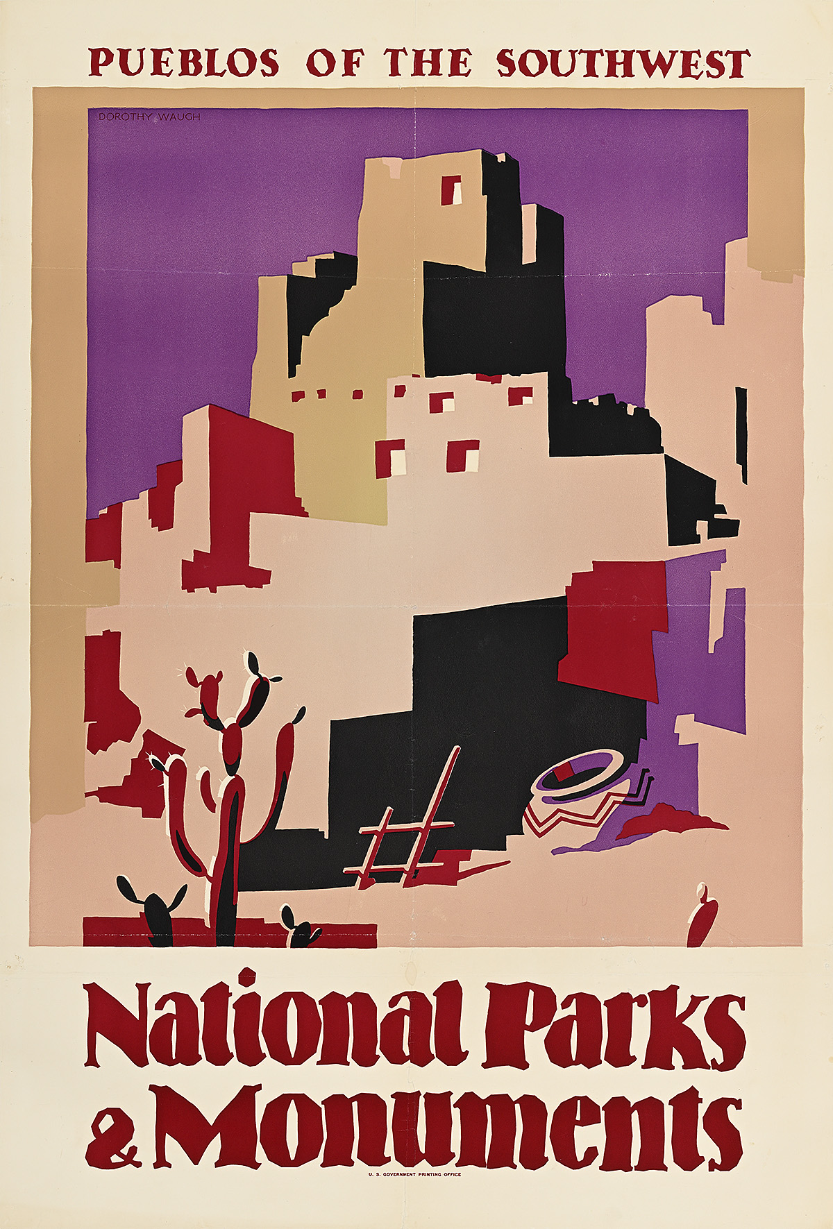 A poster of abstracted adobe buildings in the desert.