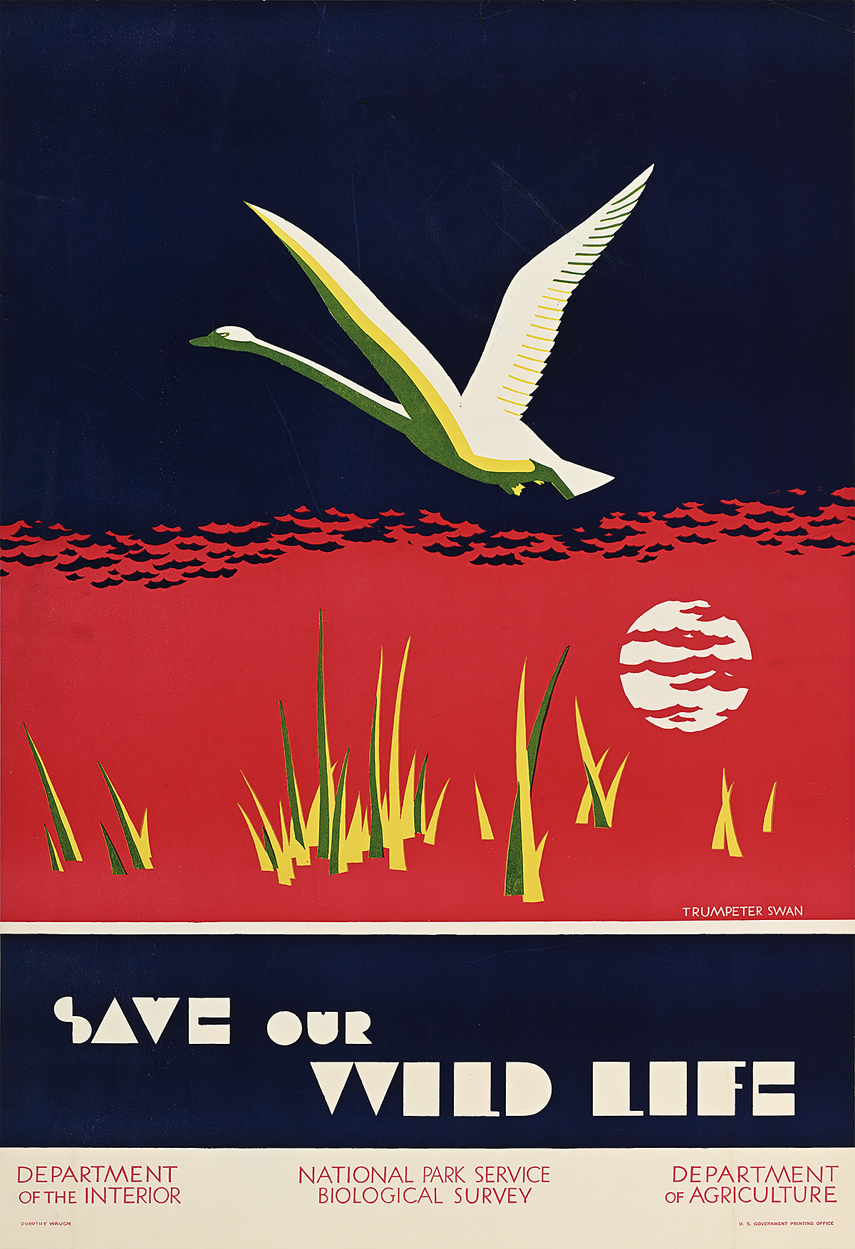 A poster of a swan in flight over a marsh of black and red with blades of grass and a reflection of the moon.