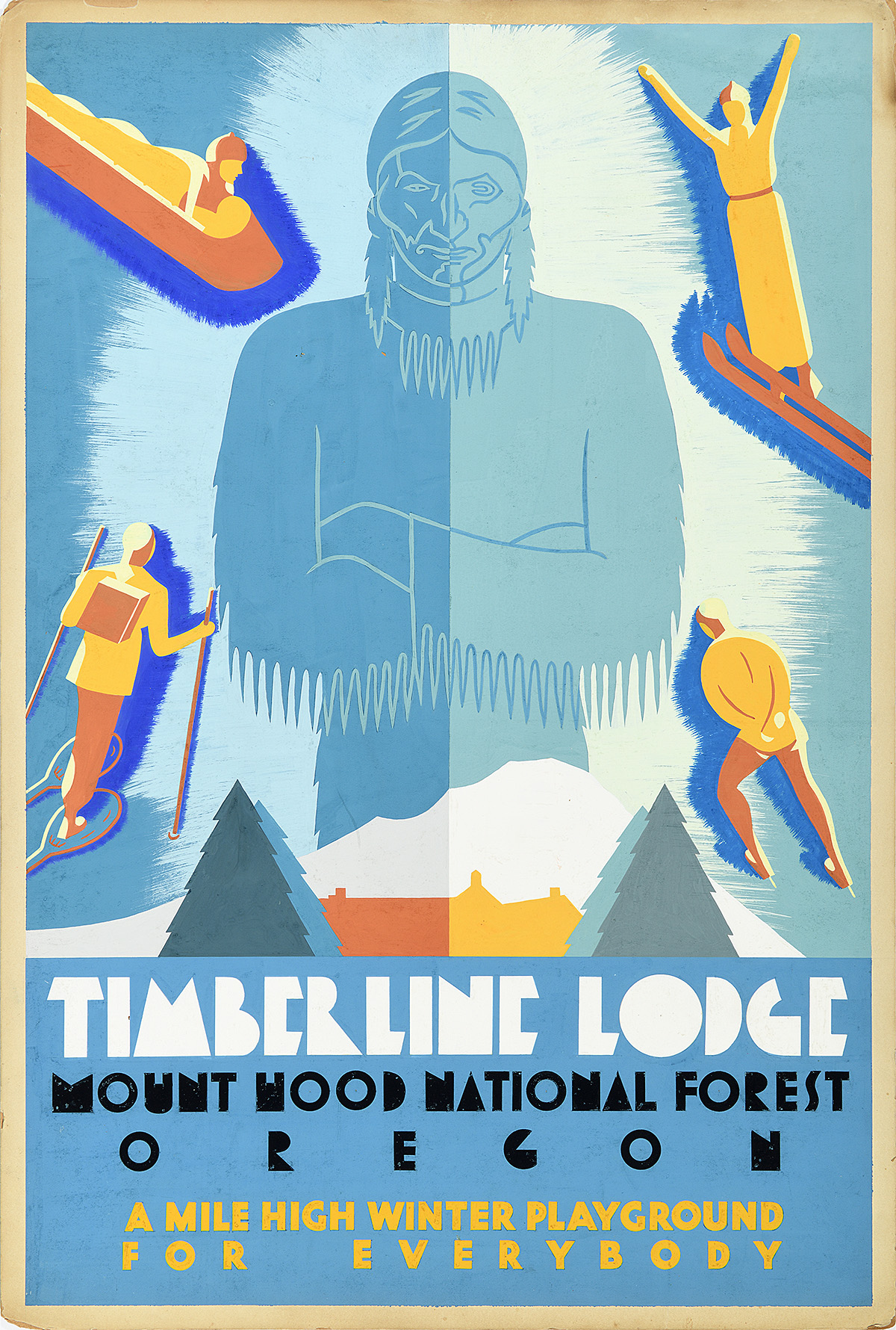 A poster of a caricatured Native American man surrounded by people playing winter sports.