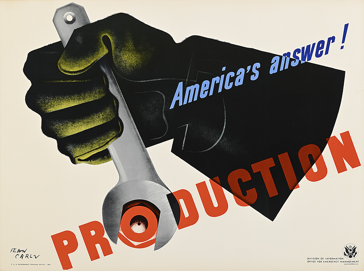 A poster of a gloved hand gripping a wrench with slanted text.