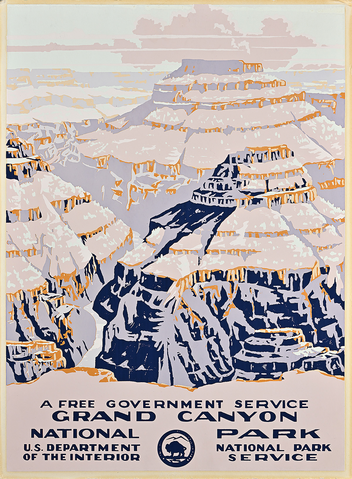 A poster of two peaks from an overlook at the Grand Canyon with a cloudy sky.